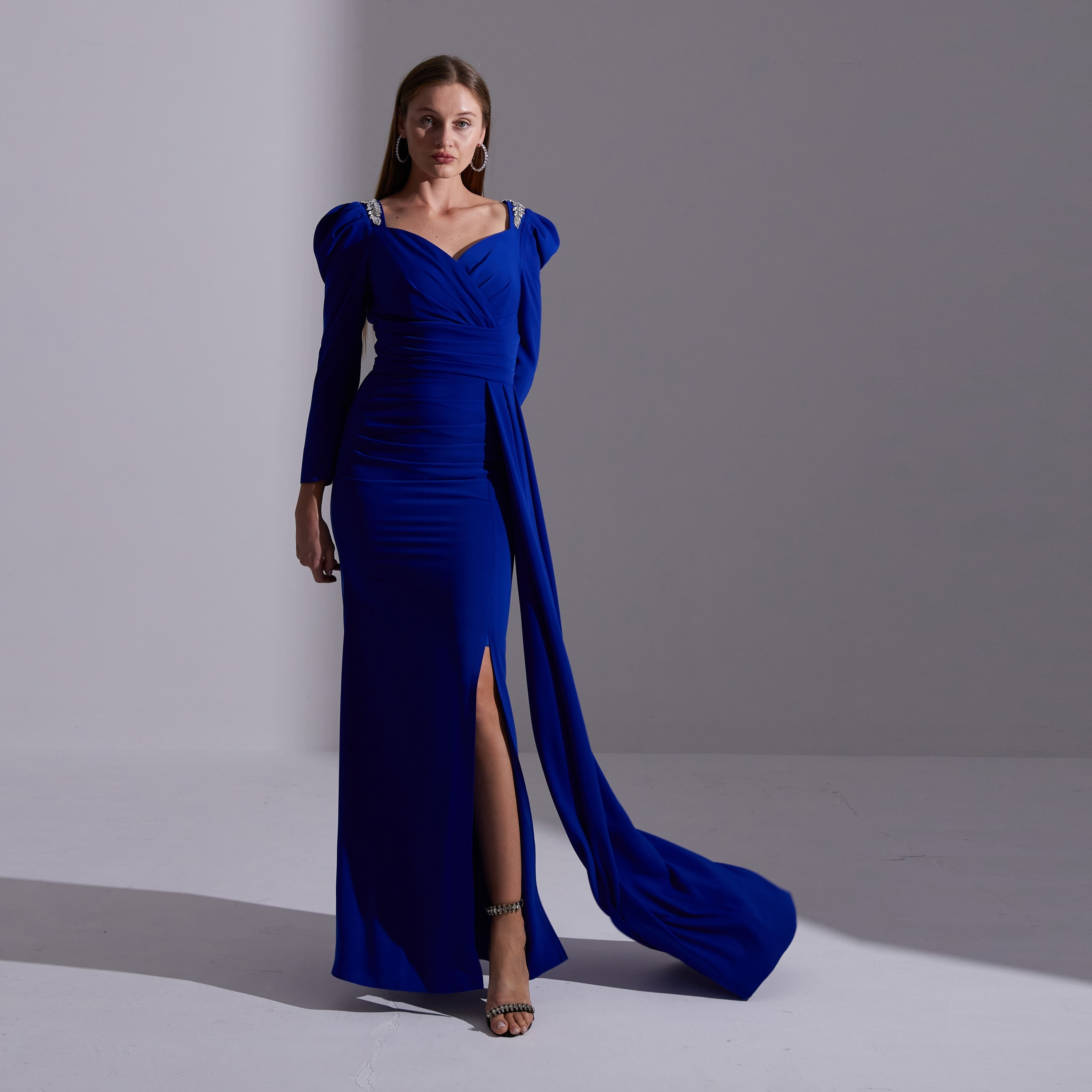 Akadia Pleated Crepe Sweetheart Neck Puff Sleeves Slit Evening Women's Maxi Dress with Side Tail-women-clothing-dresses-image-11