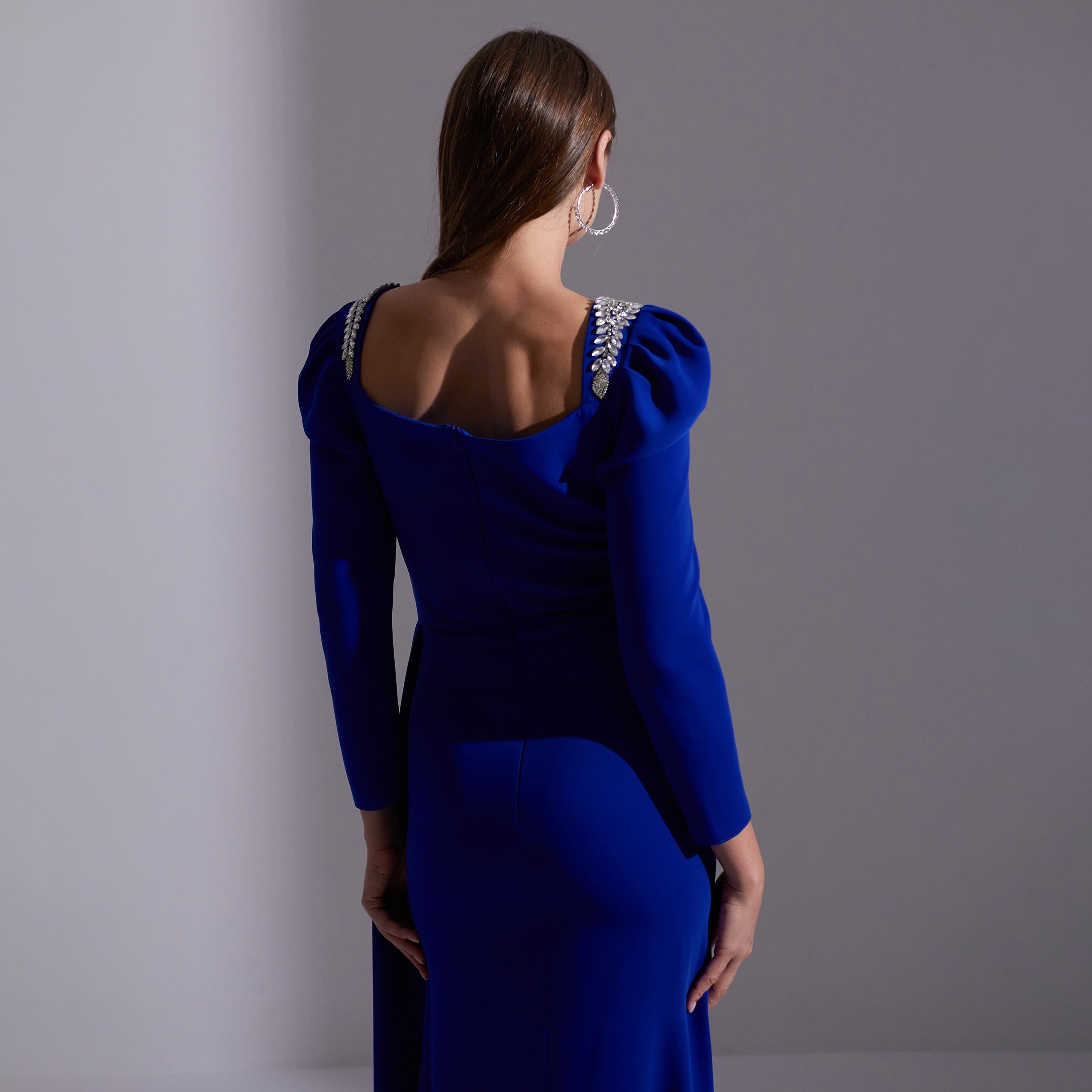 Akadia Pleated Crepe Sweetheart Neck Puff Sleeves Slit Evening Women's Maxi Dress with Side Tail-women-clothing-dresses-image-3