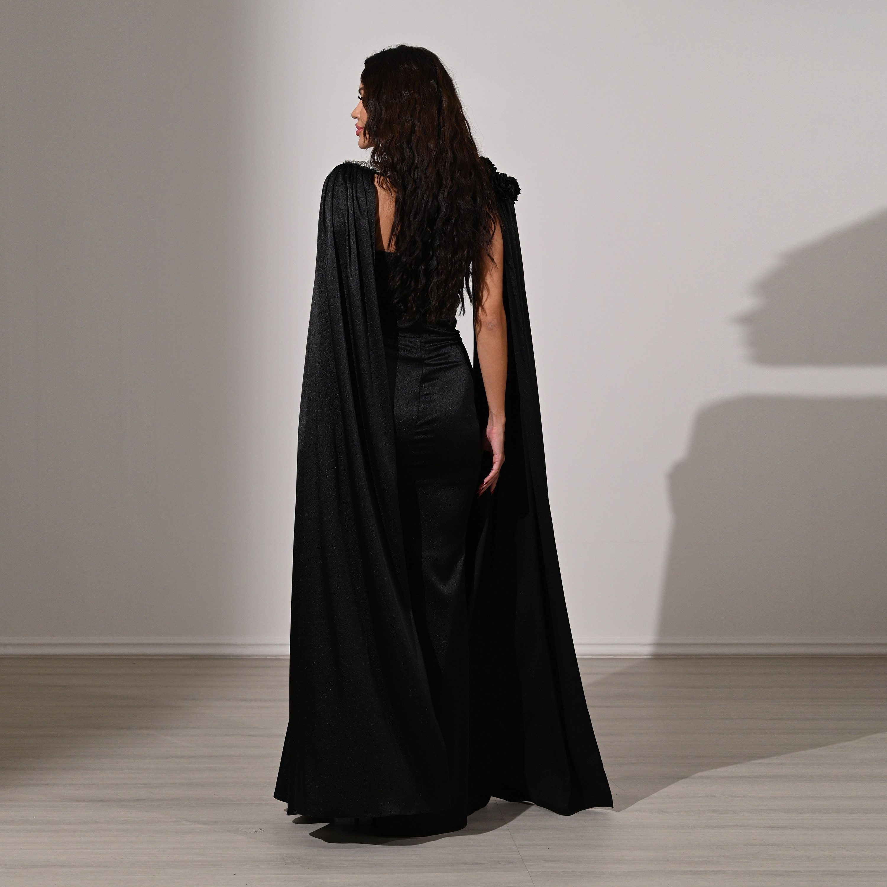 Akadia Pleated Bust 3D Flower Satin Strapless Cape Overlay Sleeves Slit Evening Women's Maxi Dress-women-clothing-dresses-image-3