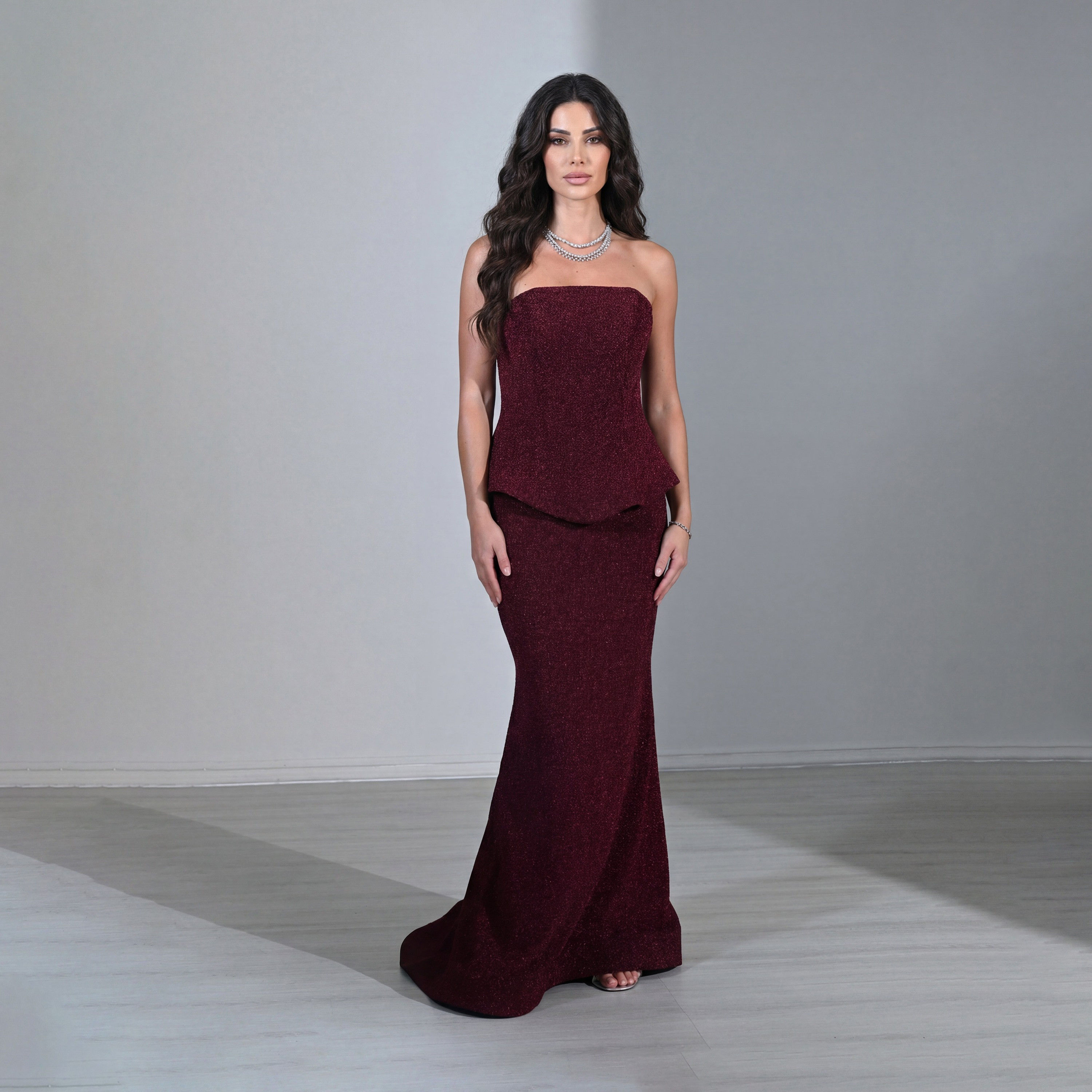 فستان سهرة ماكسي نسائي قصة "ميرميد" (حورية البحر) بتصميم "كورسيه" بدون حمالات وقماش "لاميه" لامع من أكاديا-women-clothing-dresses-image-7