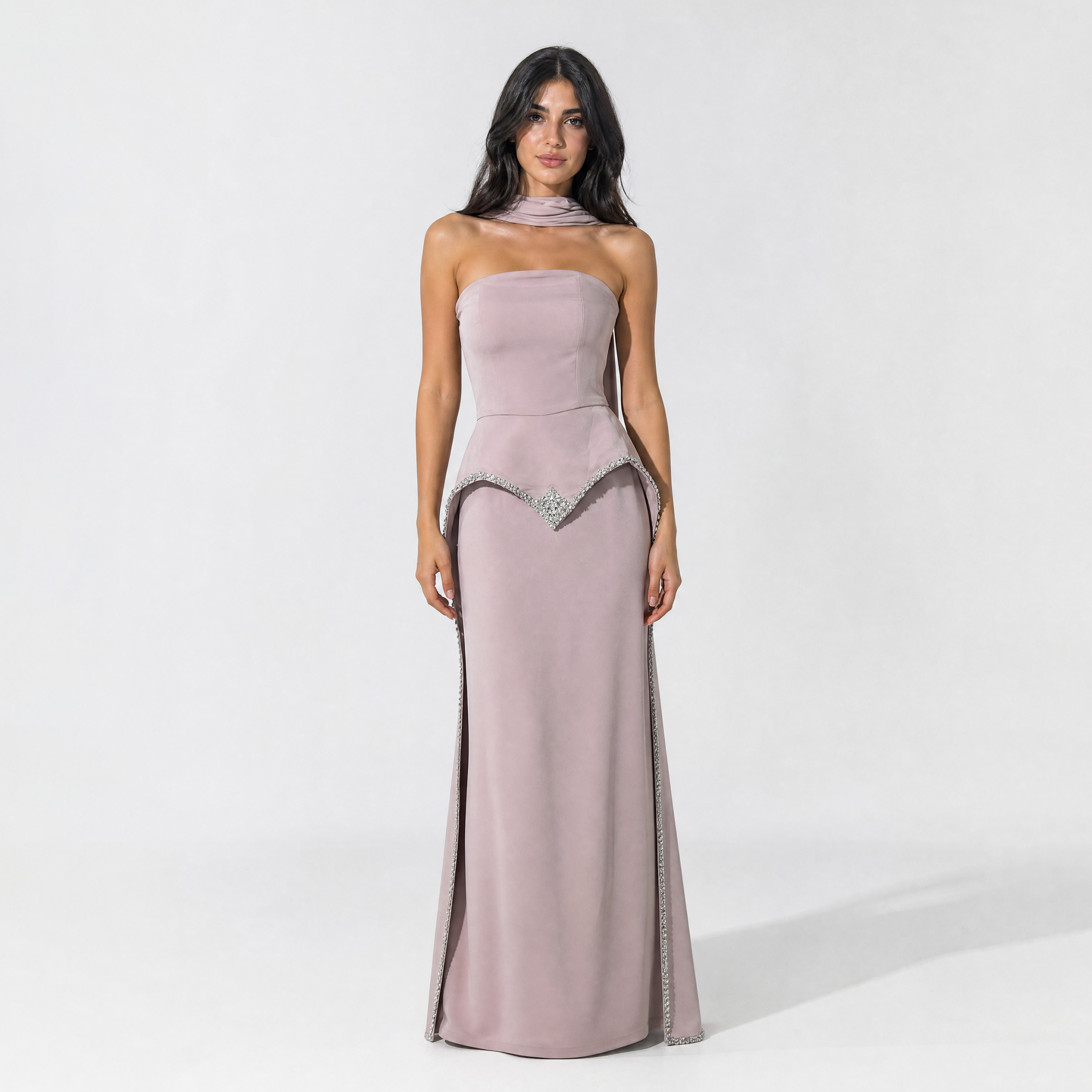 Akadia Pearl Detailed Crepe Strapless Fitted Column Women's Evening Maxi Dress-women-clothing-dresses-image-1