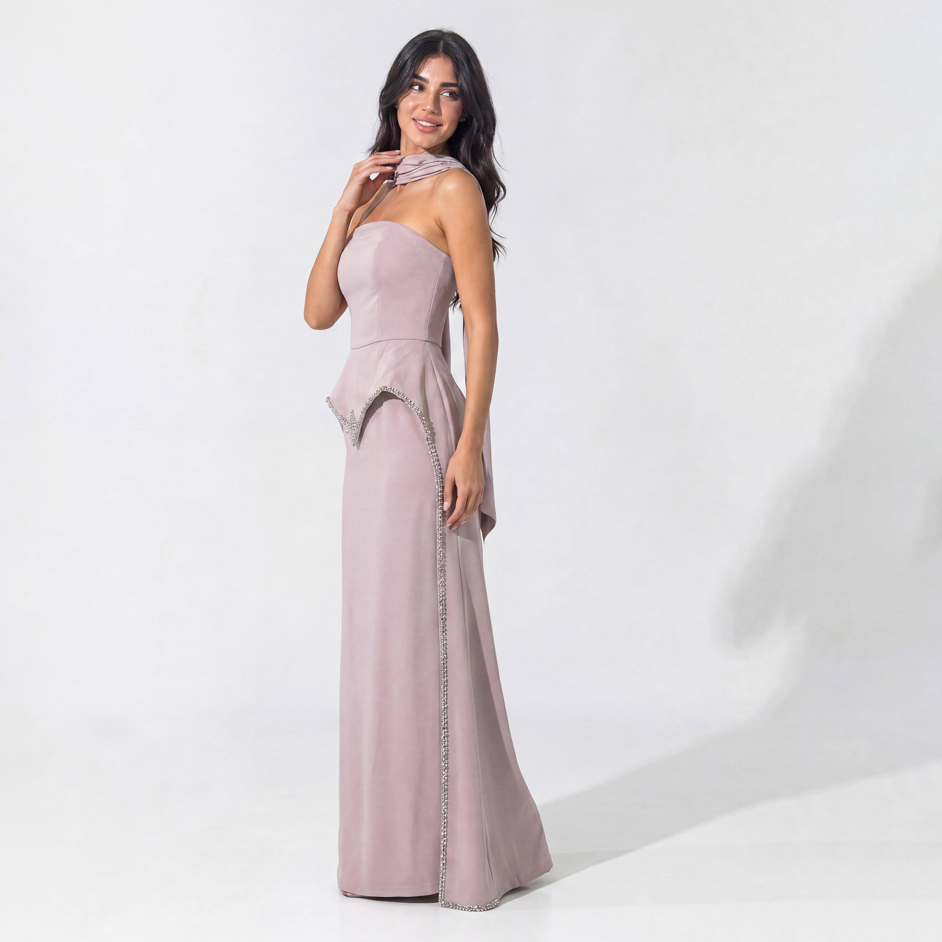 Akadia Pearl Detailed Crepe Strapless Fitted Column Women's Evening Maxi Dress-women-clothing-dresses-image-2