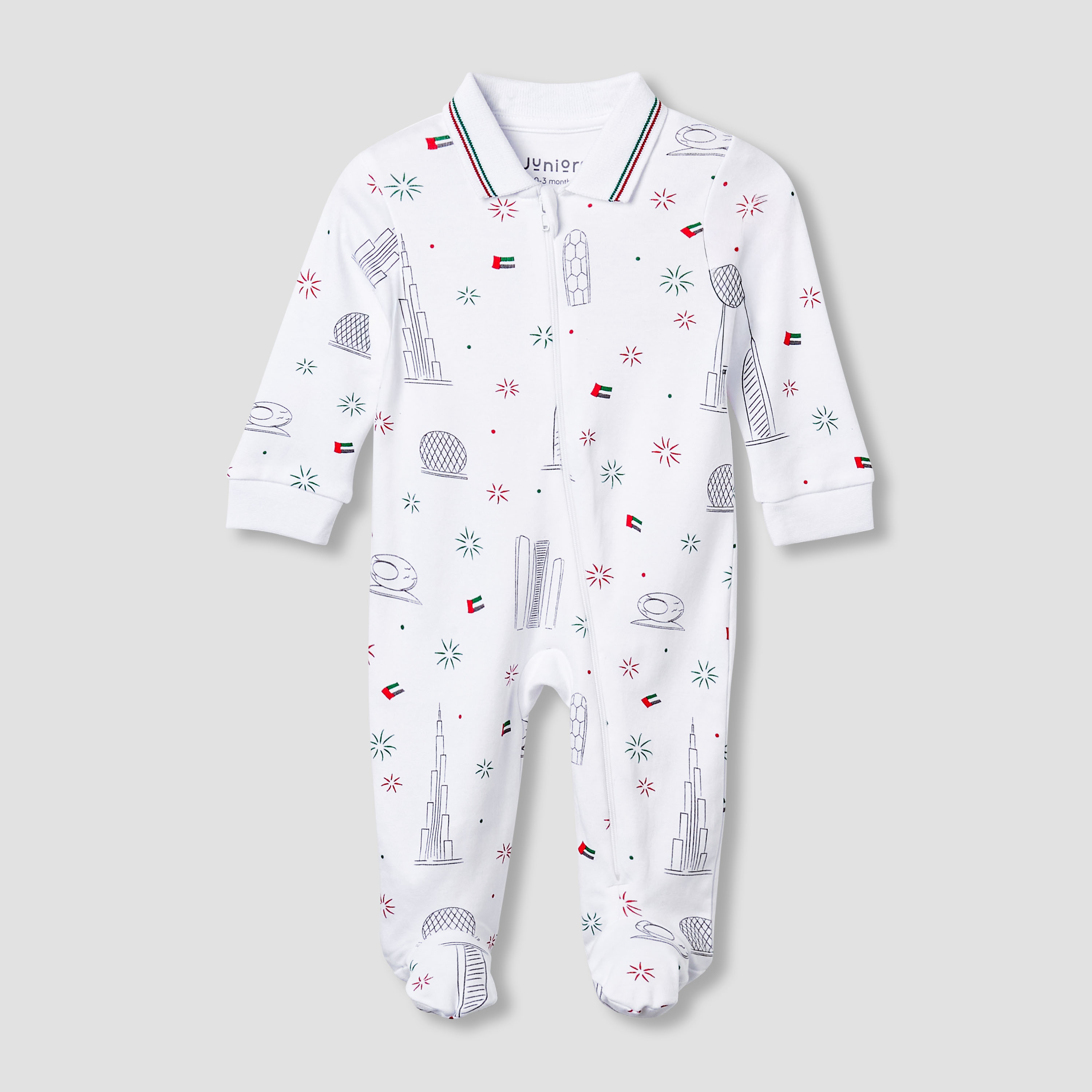 Juniors Cotton Collar Neck Long Sleeves Sleepsuit with UAE National Day Print-baby-boys-clothing-nightwear-sleepsuits-image-1