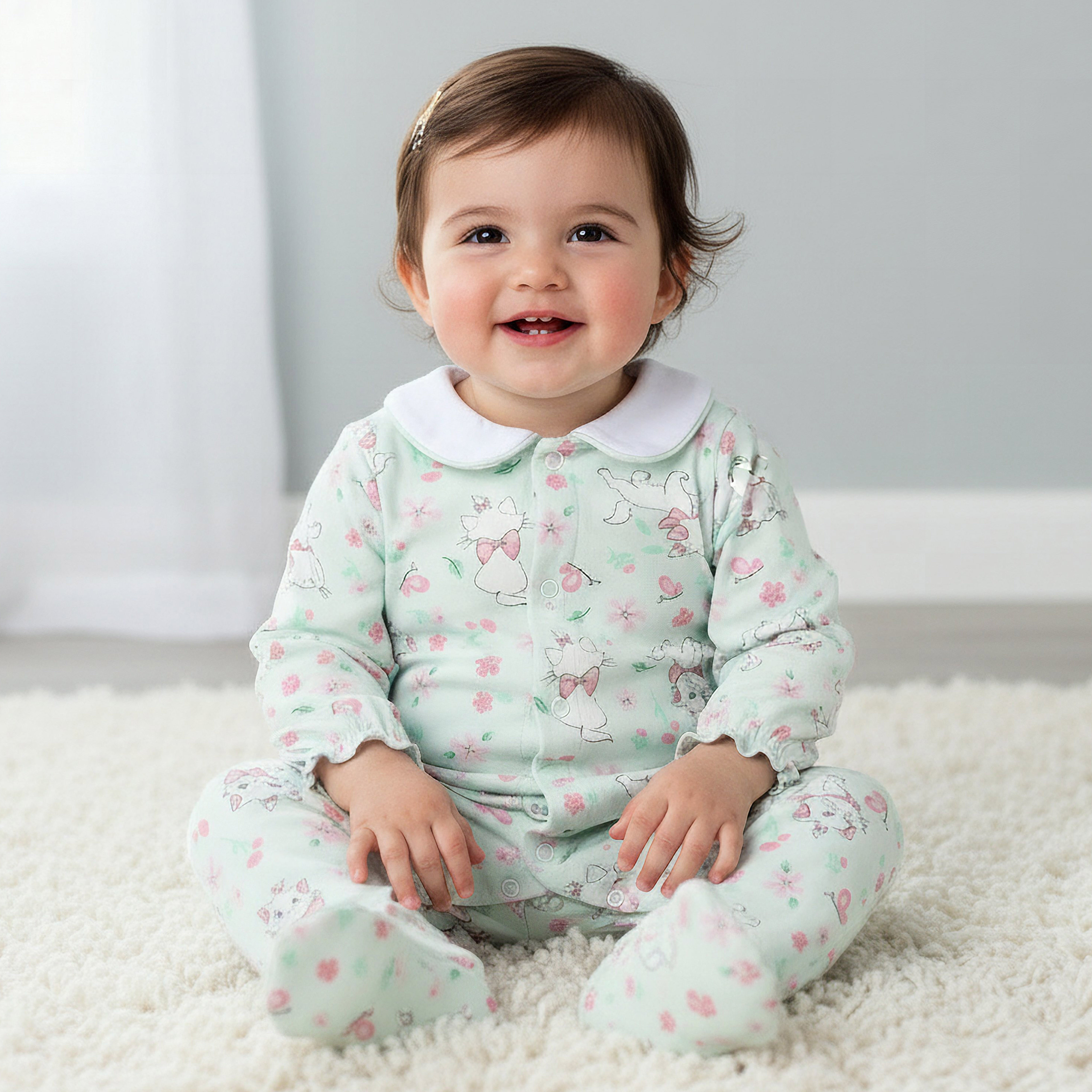 Disney Cotton Collared Long Sleeves Sleepsuit with Marie Print-baby-girls-clothing-nightwear-sleepsuits-image-1