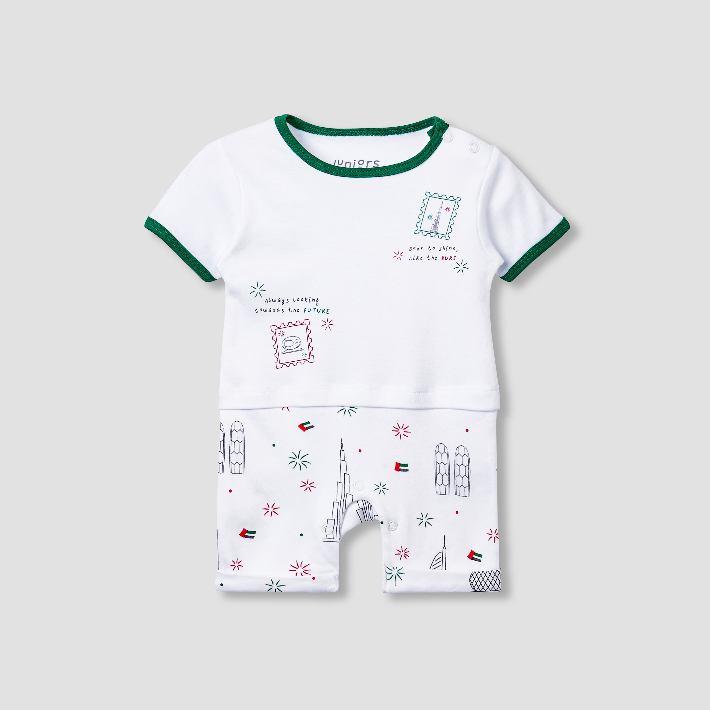Juniors Crew Neck Short Sleeves Romper with UAE National Day Print-baby-boys-clothing-rompers-image-1