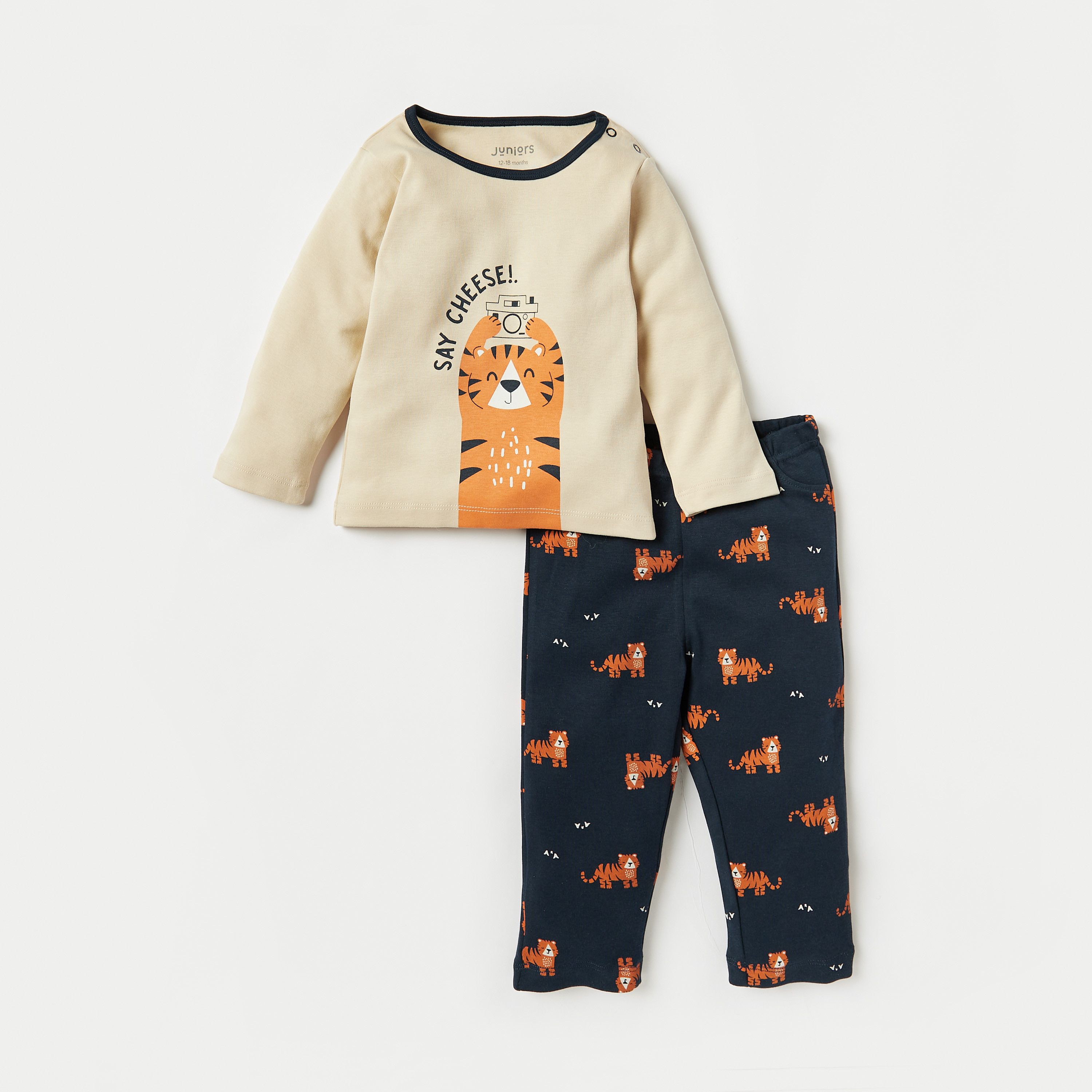 Juniors Tiger Print Long Sleeves T-shirt and Pyjama Set-baby-boys-clothing-nightwear-pyjamasets-image-1
