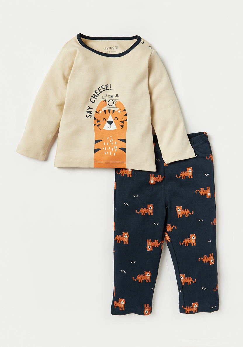 Juniors Tiger Print Long Sleeves T-shirt and Pyjama Set-Pyjama Sets-image-0