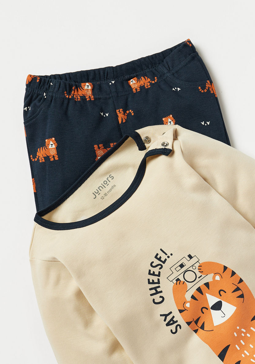 Juniors Tiger Print Long Sleeves T-shirt and Pyjama Set-Pyjama Sets-image-3