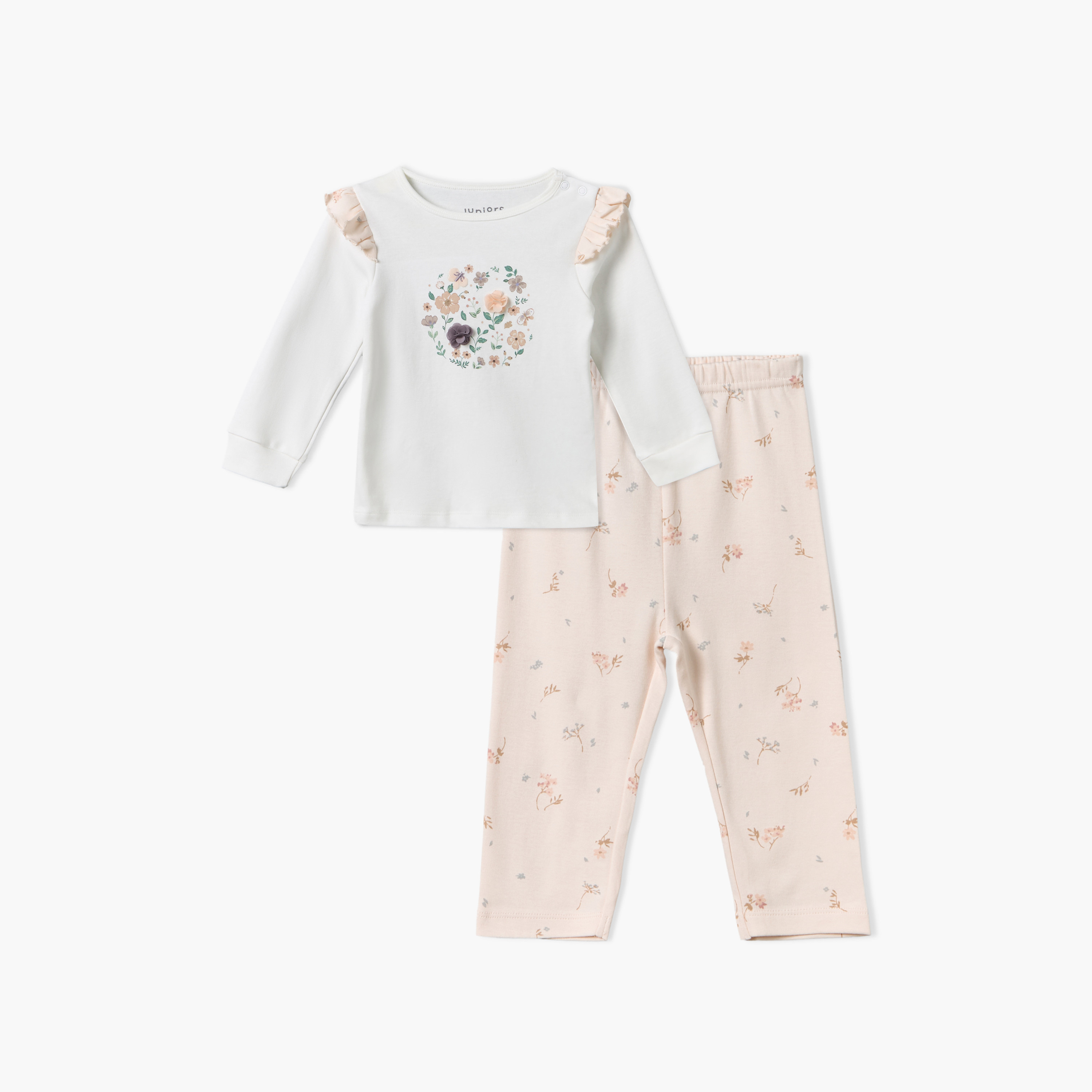 Juniors Cotton Crew Neck Long Sleeves Pyjama Set with Floral Print-baby-girls-clothing-nightwear-pyjamasets-image-1