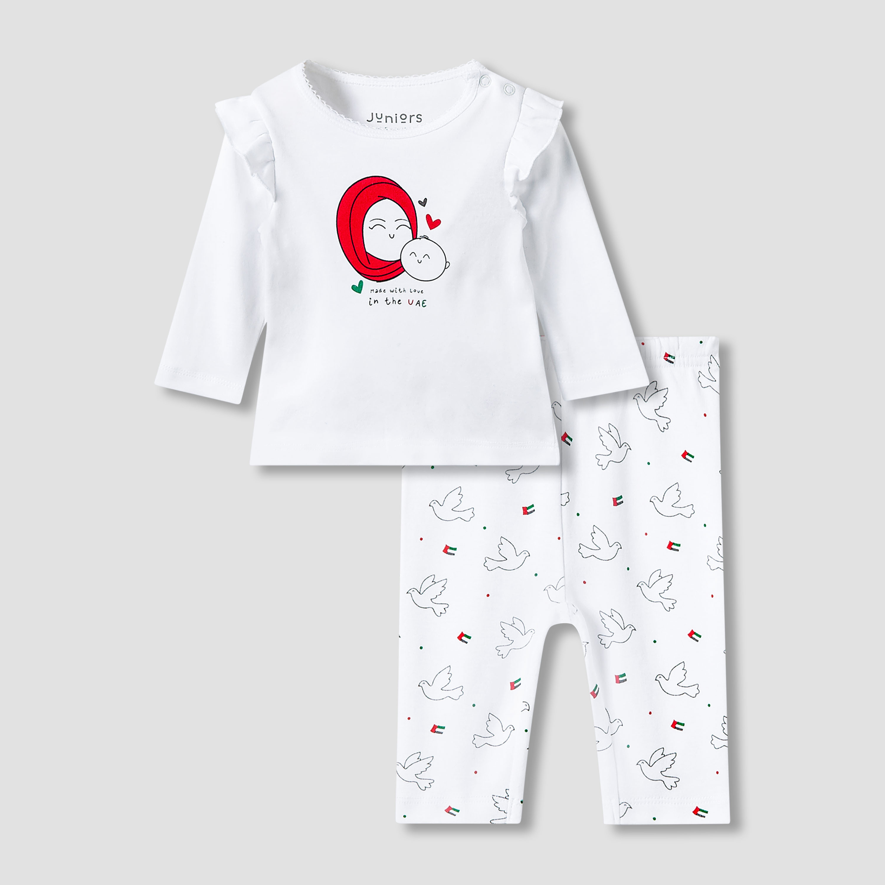 Juniors Cotton Crew Neck Long Sleeves Pyjama Set with UAE National Day Print-baby-girls-clothing-nightwear-pyjamasets-image-1