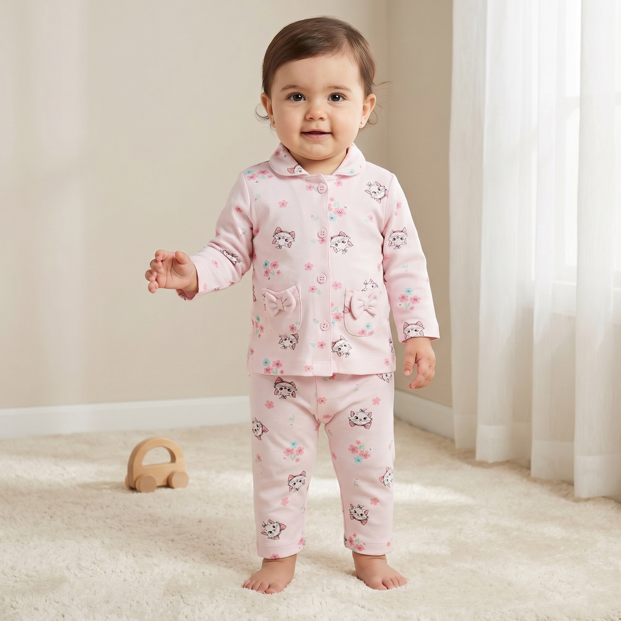 Disney Cotton Collared Neck Long Sleeve Pyjama Set with Marie Print-baby-girls-clothing-nightwear-pyjamasets-image-1