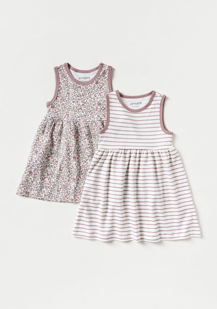 Juniors Printed Sleeveless Dress with Round Neck - Set of 2-Clothes Sets-image-0