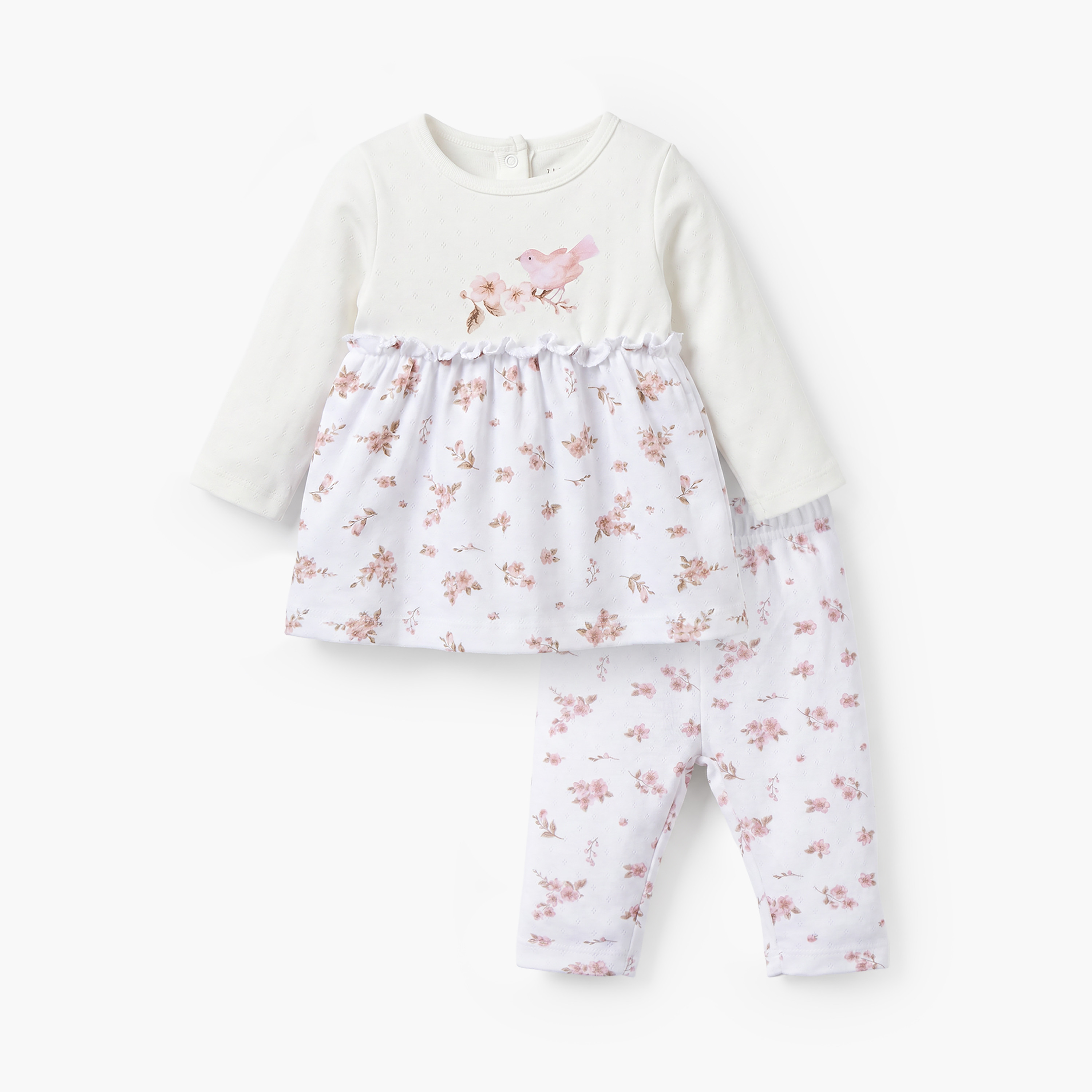طقم بيجاما قطن بأكمام طويلة وطبعات أزهار وياقة ضيقة من جونيورز-baby-girls-clothing-nightwear-pyjamasets-image-1