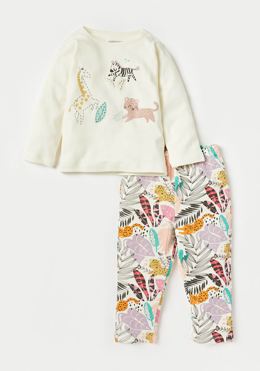 Juniors Tropical Print Long Sleeves T-shirt and Pyjama Set-Pyjama Sets-image-0