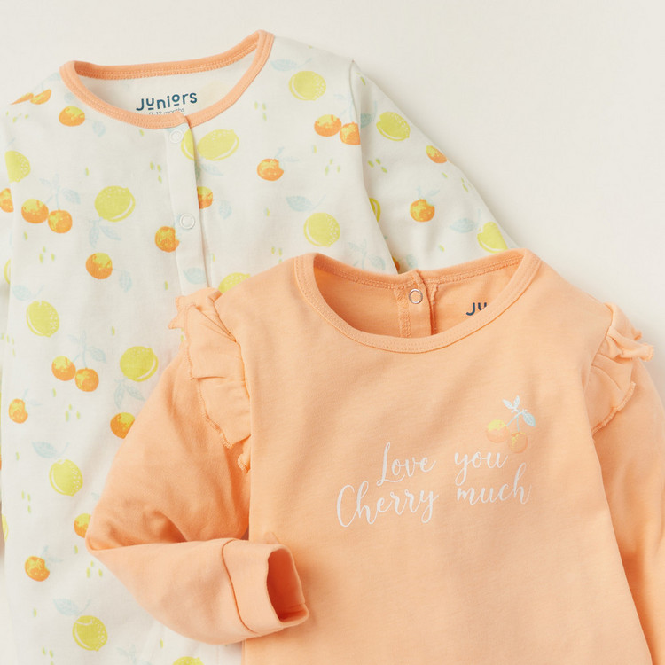 Juniors Printed Round Neck Sleepsuit with Long Sleeves - Set of 2