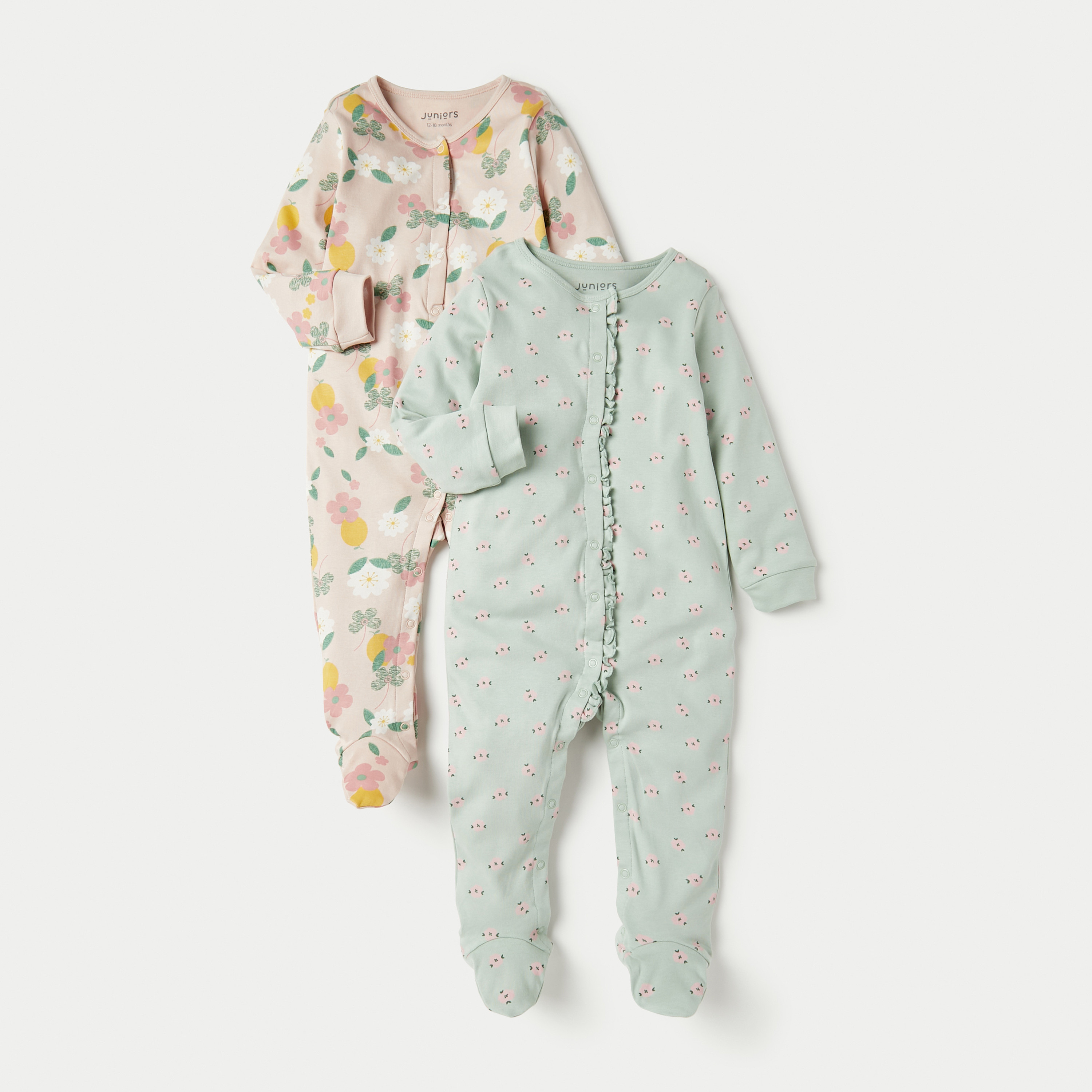بدلة نوم بأكمام طويلة وإغلاق بأزرار كباسة وطبعات زهرية من جونيورز - طقم من قطعتين-baby-girls-clothing-nightwear-sleepsuits-image-1