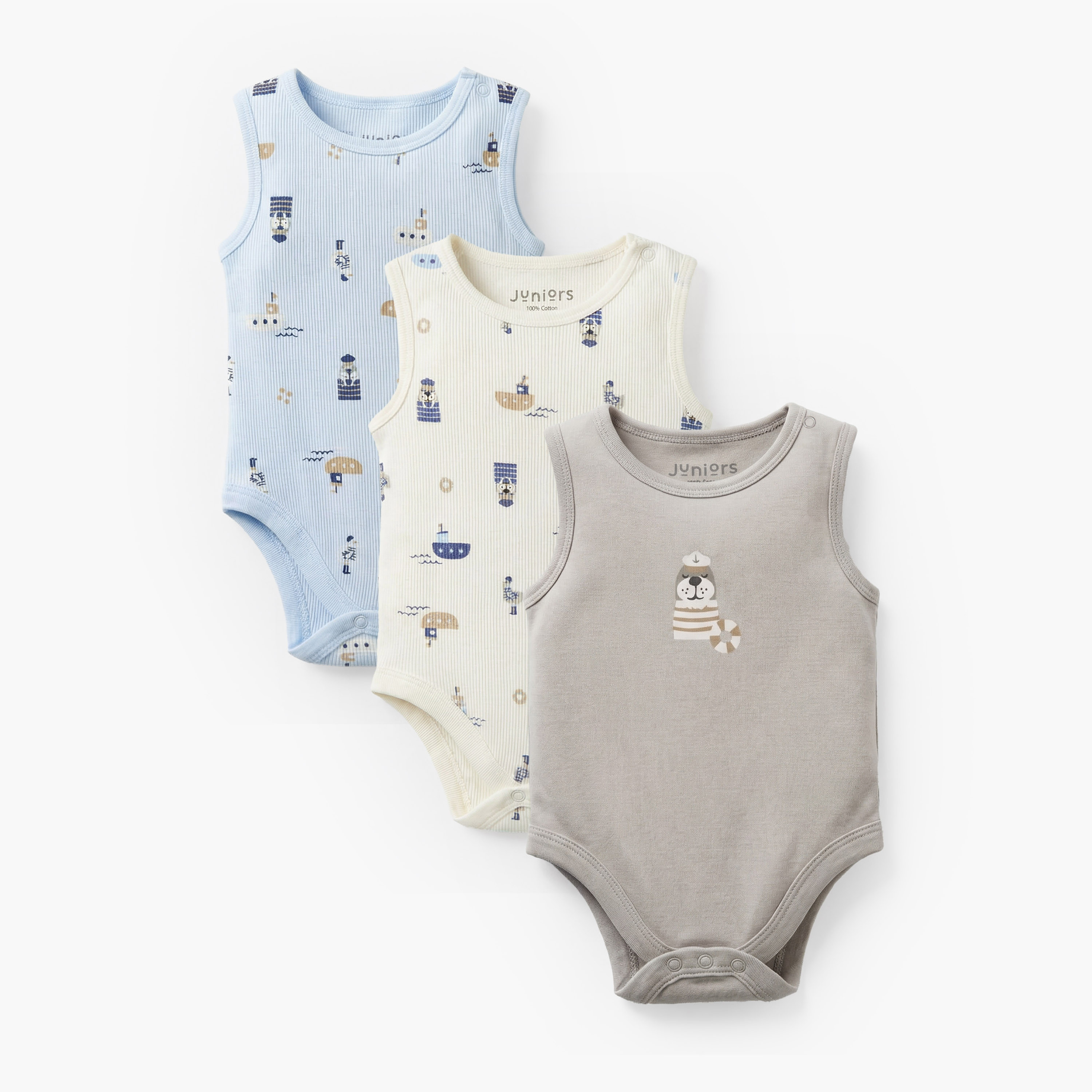 Pack of 3 Juniors Round Neck Sleeveless Bodysuit with Nautical Print-baby-boys-clothing-bodysuits-image-1
