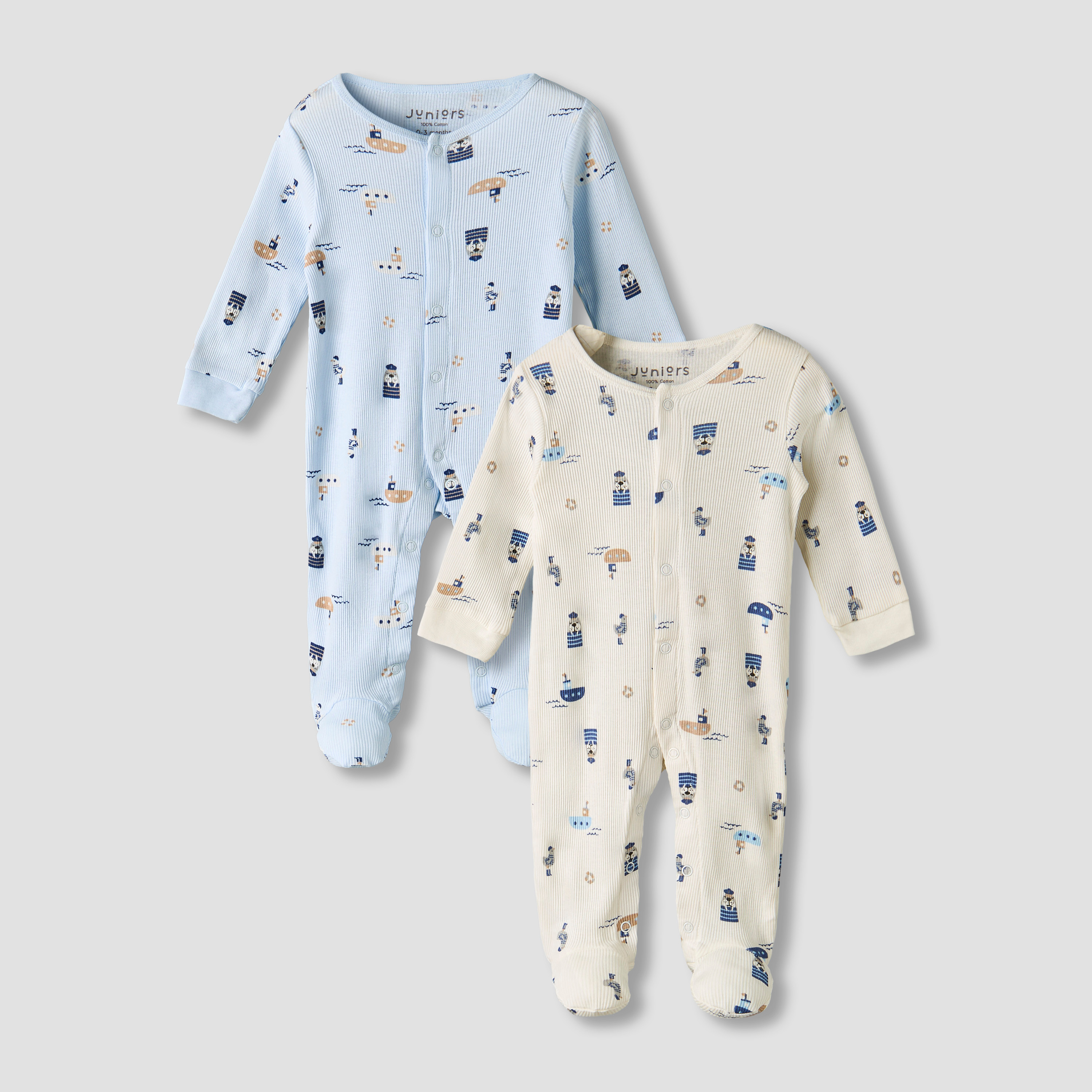 Pack of 2 Juniors Round Neck Long Sleeves Sleepsuit with Nautical Print-baby-boys-clothing-nightwear-sleepsuits-image-1