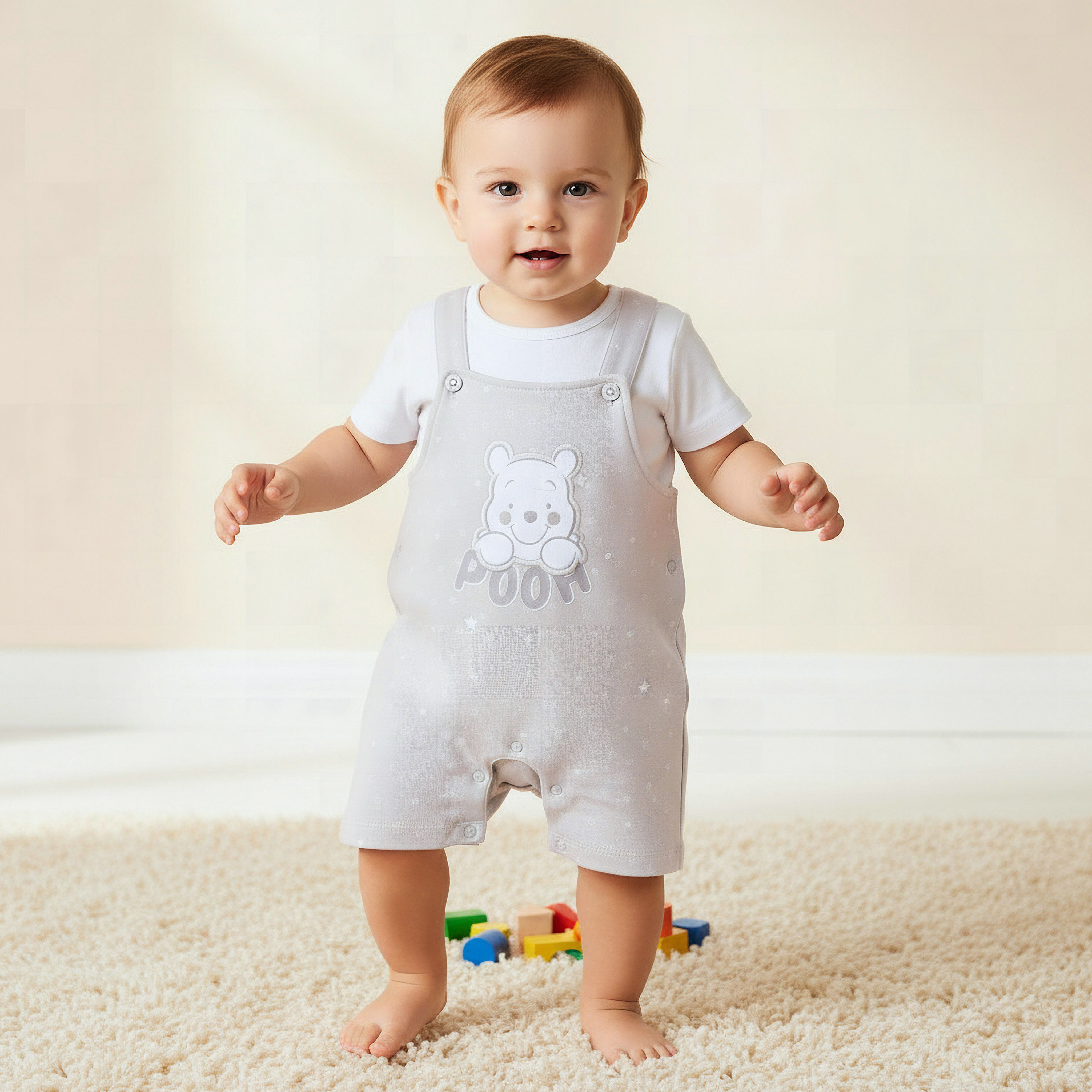 Disney Round Neck Short Sleeves T-shirt and Dungaree Set with Winnie the Pooh Applique-baby-boys-clothing-setsandcoords-image-1