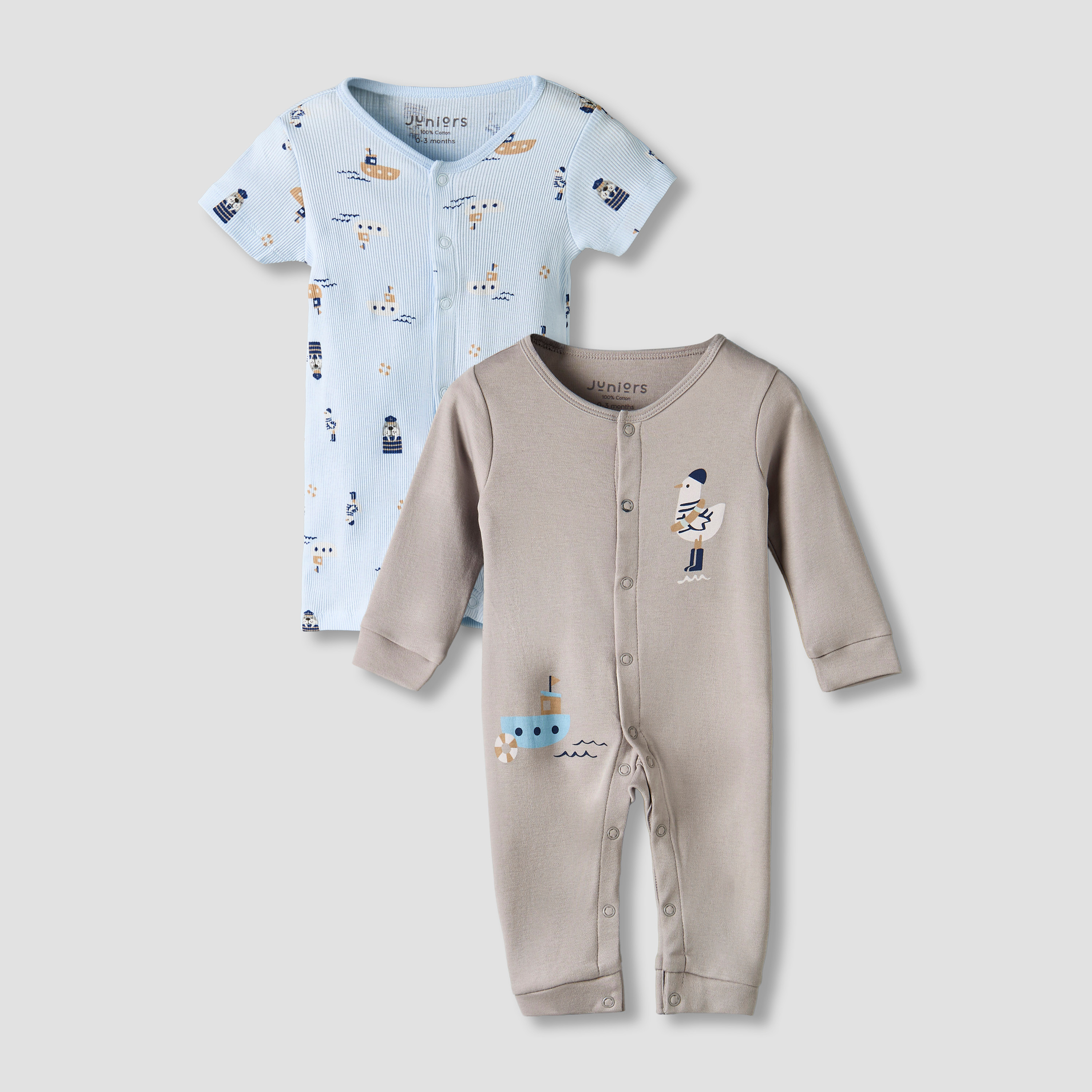 Set of 2 Juniors Cotton Round Neck Sleepsuit and Romper with Nautical Print-baby-boys-clothing-rompers-image-1