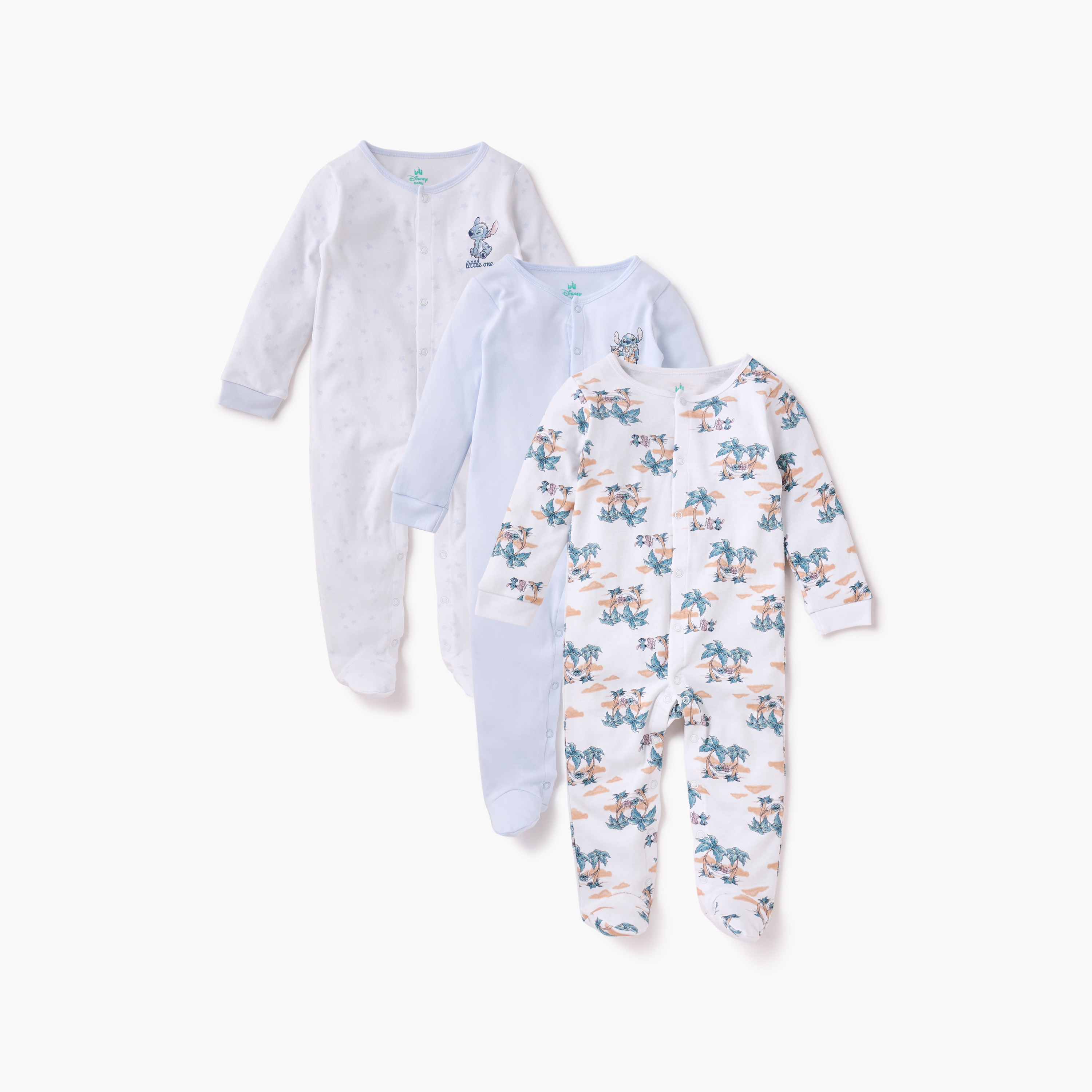 بدلات نوم مغلقة القدمين بأكمام طويلة وطبعات ستيتش وأنجل من ديزني - طقم 3 قطع-baby-boys-clothing-nightwear-sleepsuits-image-1