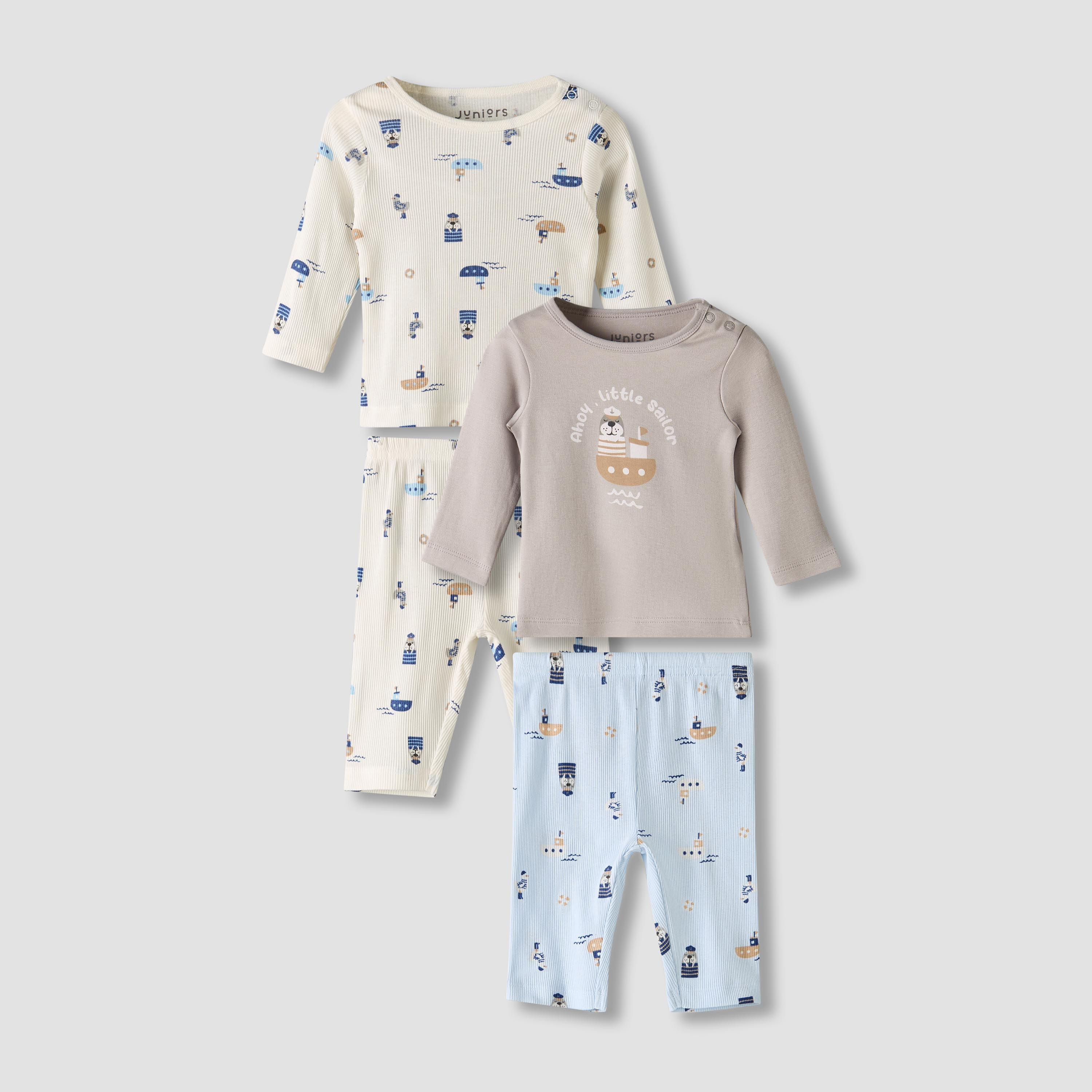 Pack of 2 Juniors Cotton Round Neck Long Sleeves Pyjama Set with Nautical Print-baby-boys-clothing-nightwear-pyjamasets-image-1