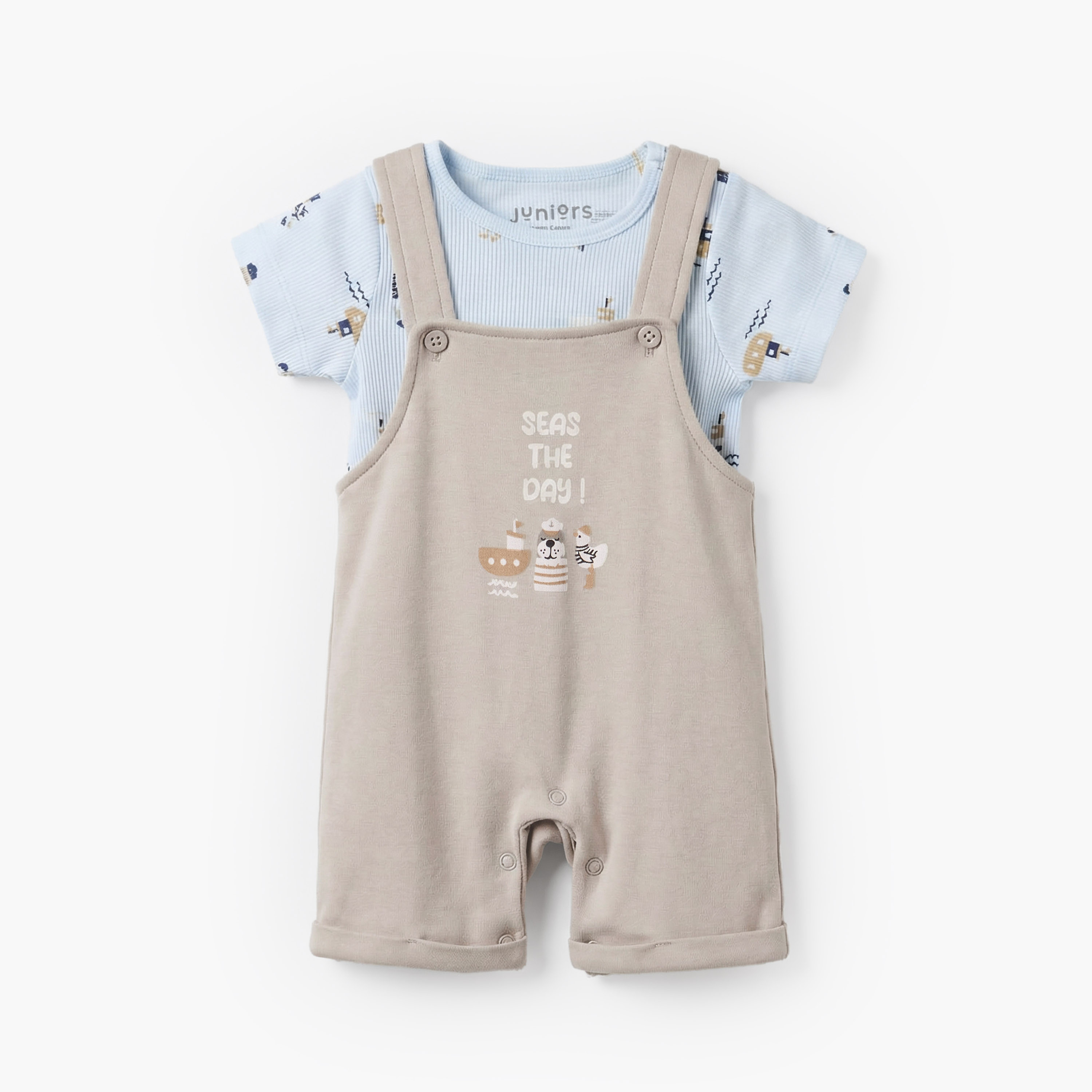 Juniors Round Neck Short Sleeves T-shirt and Dungaree Set with Nautical Print-baby-boys-clothing-setsandcoords-image-2