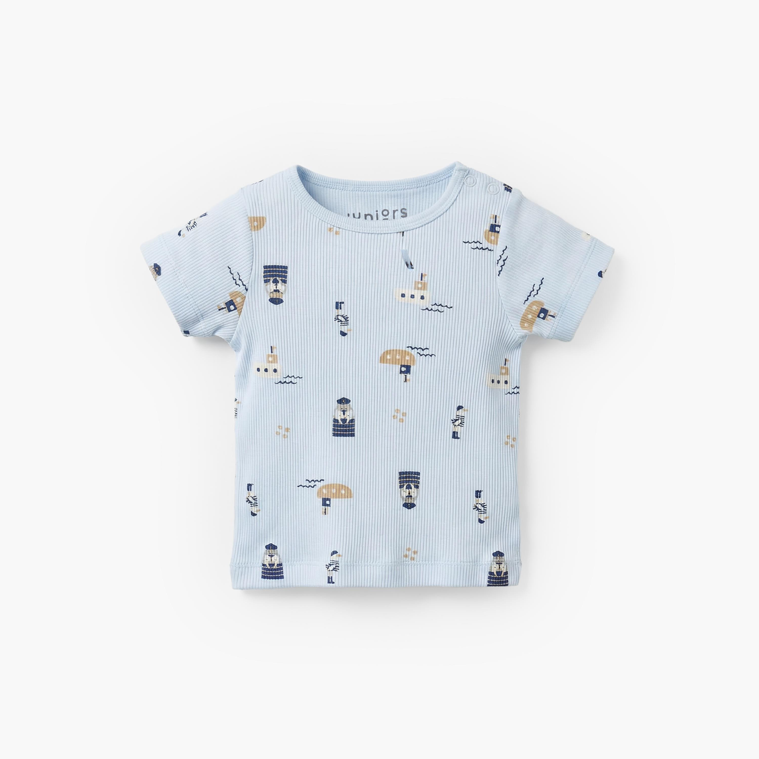 Juniors Round Neck Short Sleeves T-shirt and Dungaree Set with Nautical Print-baby-boys-clothing-setsandcoords-image-3