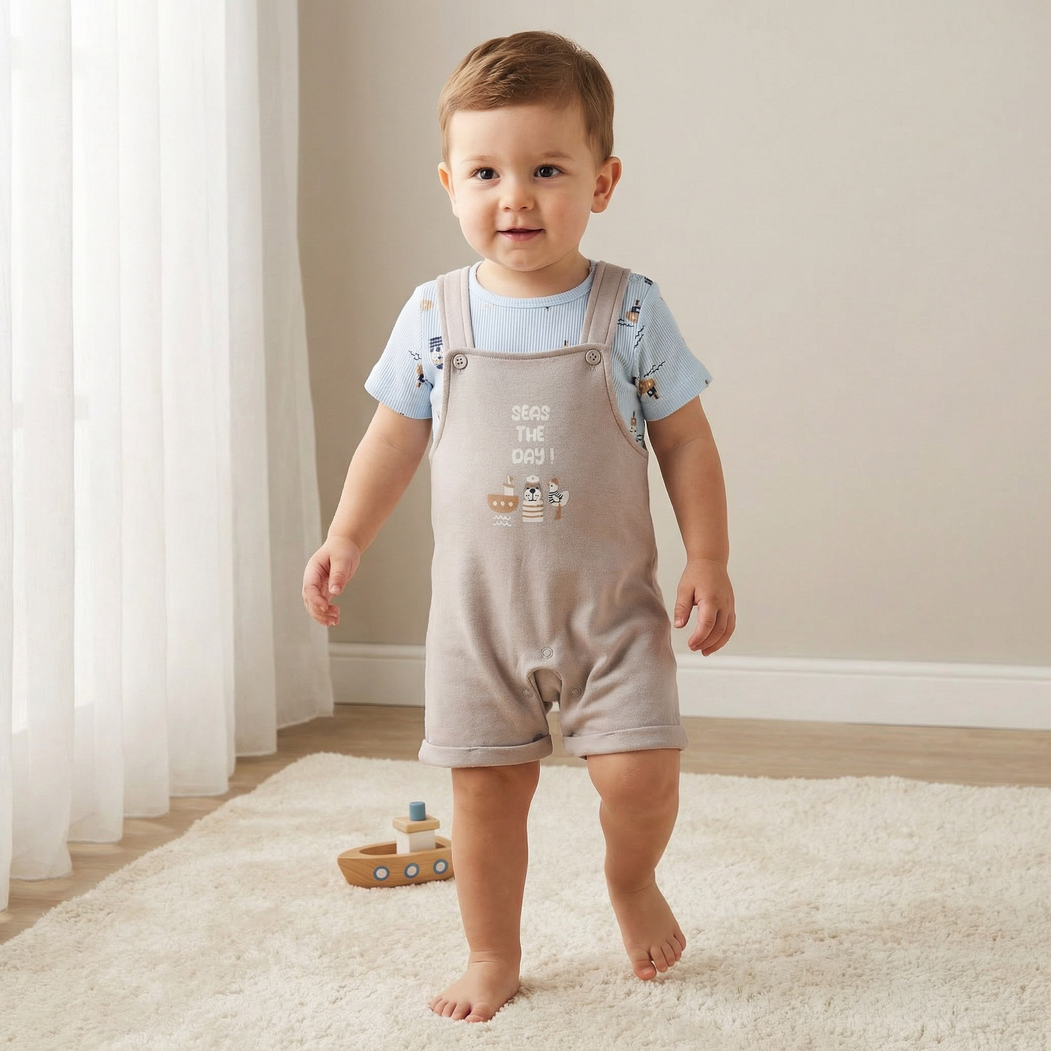 Juniors Round Neck Short Sleeves T-shirt and Dungaree Set with Nautical Print-baby-boys-clothing-setsandcoords-image-1