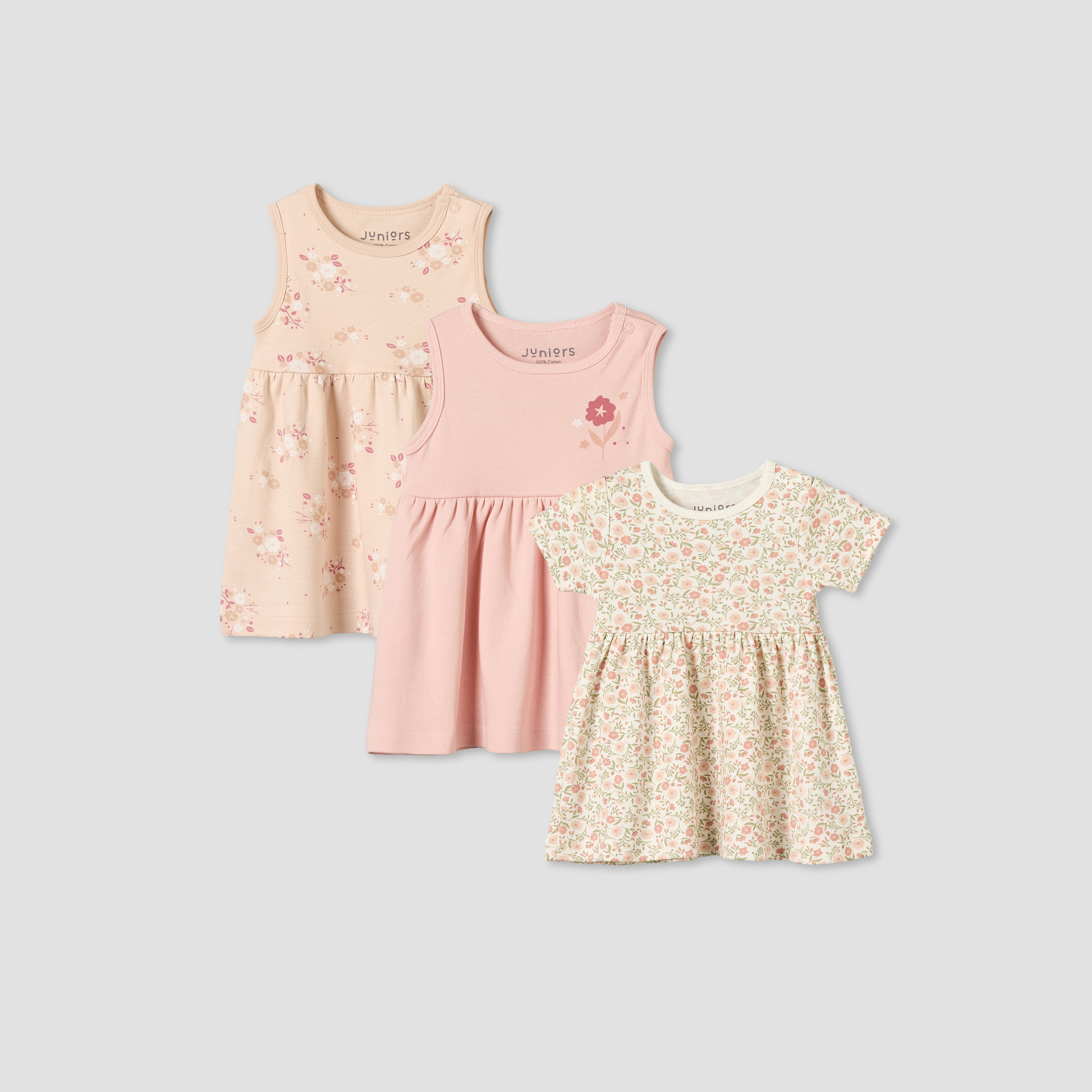 Pack of 3 Juniors Round Neck Knee Length A-line Dress with Floral Print-baby-girls-clothing-dressesandjumpsuits-image-1