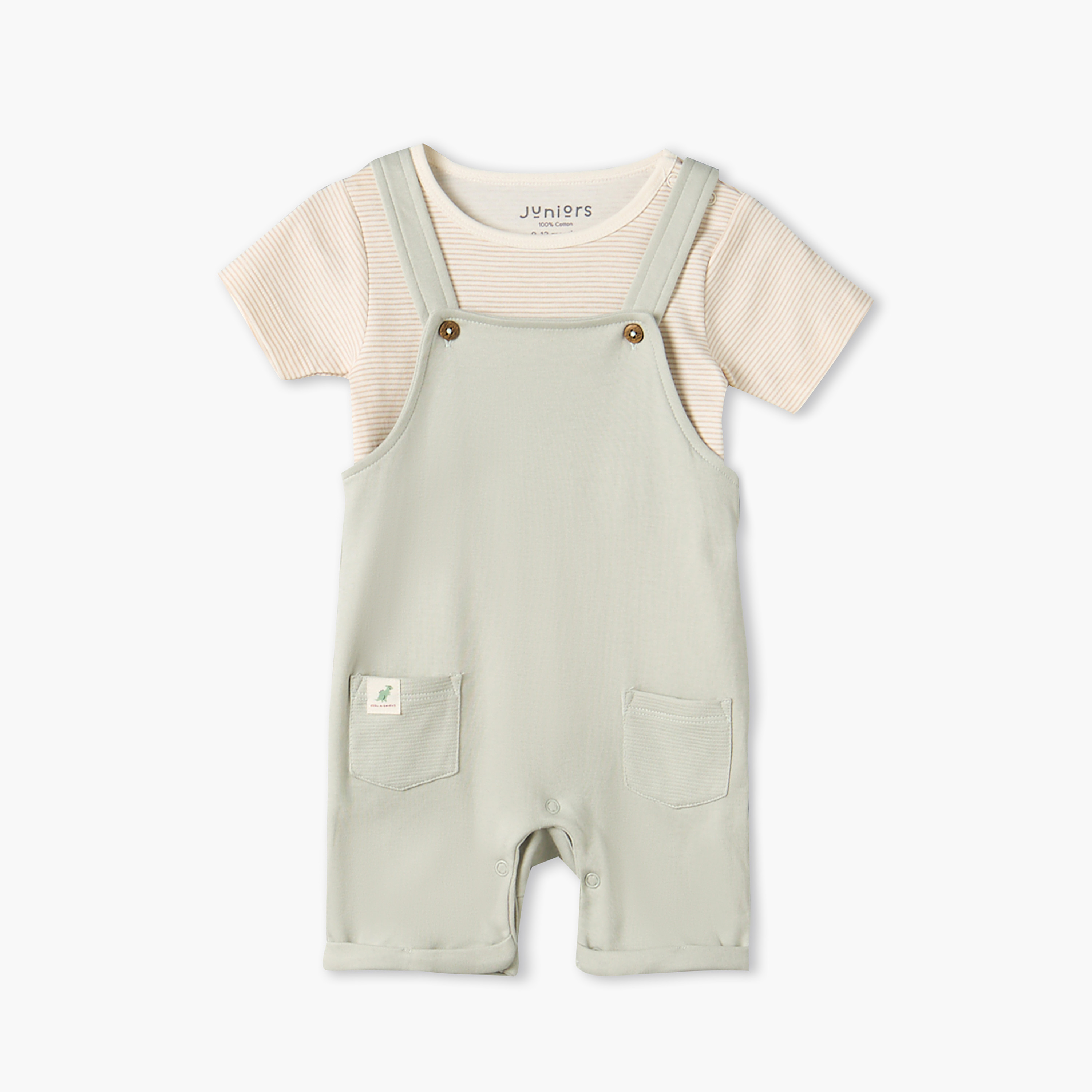 Juniors Crew Neck Short Sleeves T-shirt and Dungaree Set with Stripes-baby-boys-clothing-setsandcoords-image-2