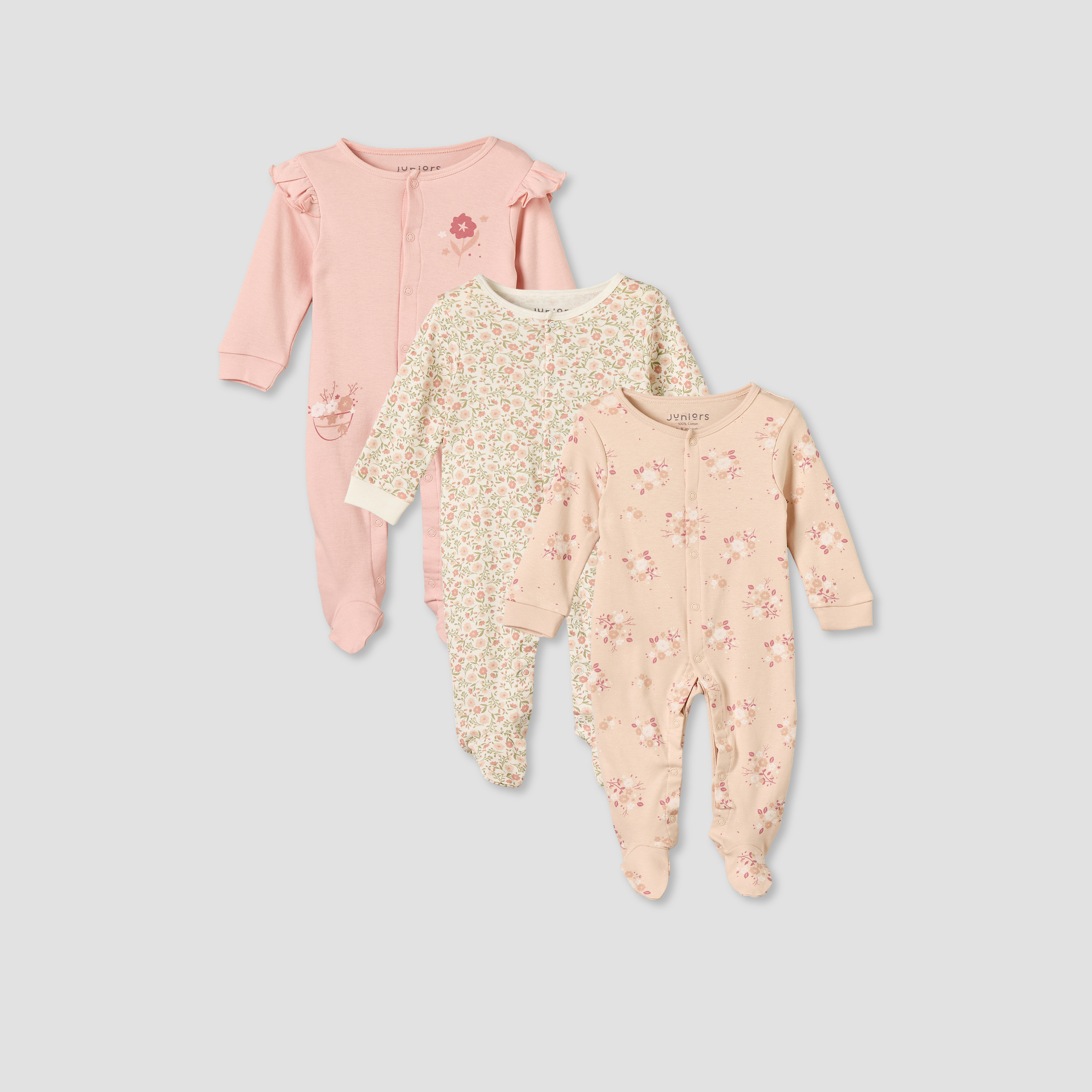 Pack of 3 Juniors Cotton Crew Neck Long Sleeves Sleepsuit with Floral Print-baby-girls-clothing-nightwear-sleepsuits-image-1