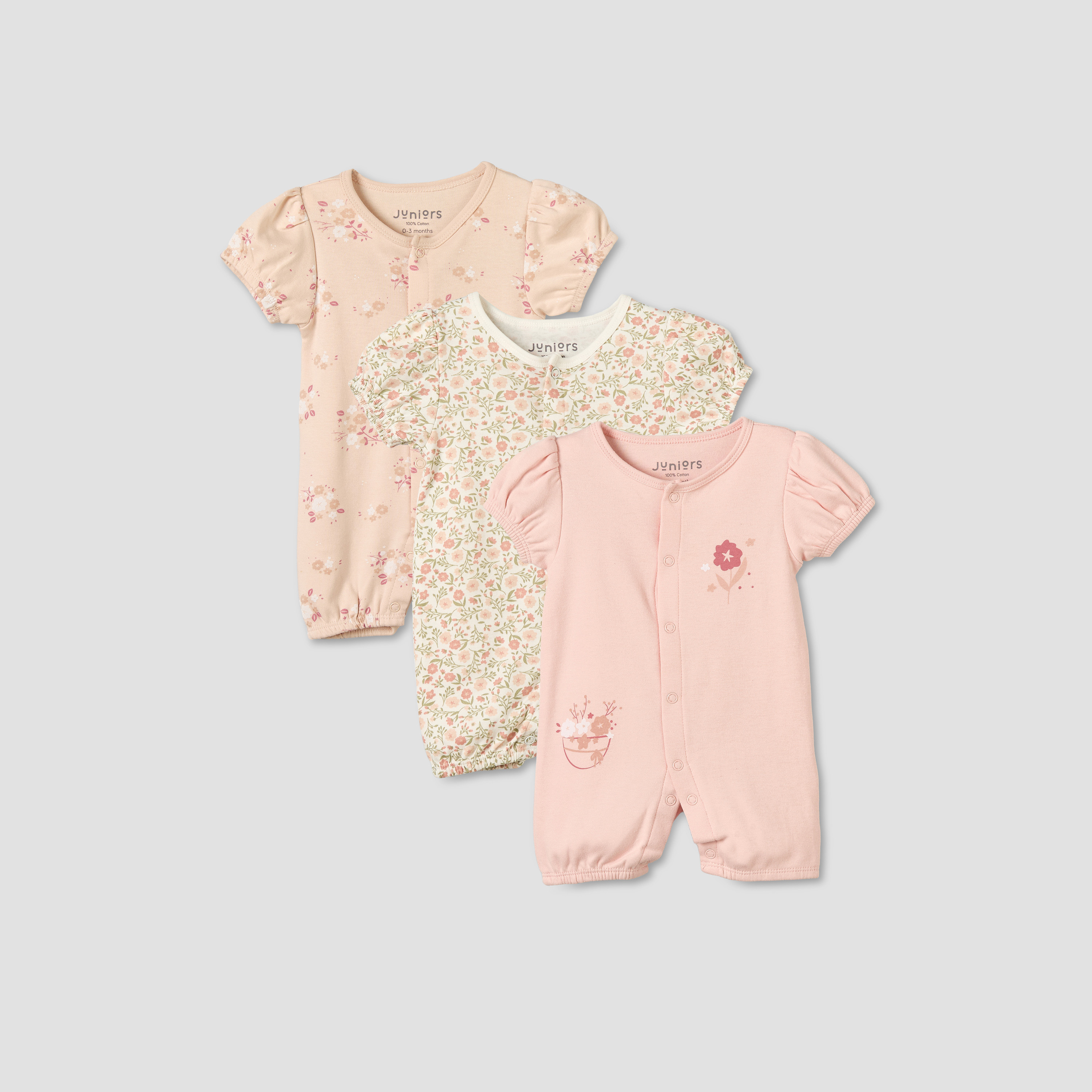 Pack of 3 Juniors Round Neck Short Sleeves Romper with Floral Print-baby-girls-clothing-rompers-image-1