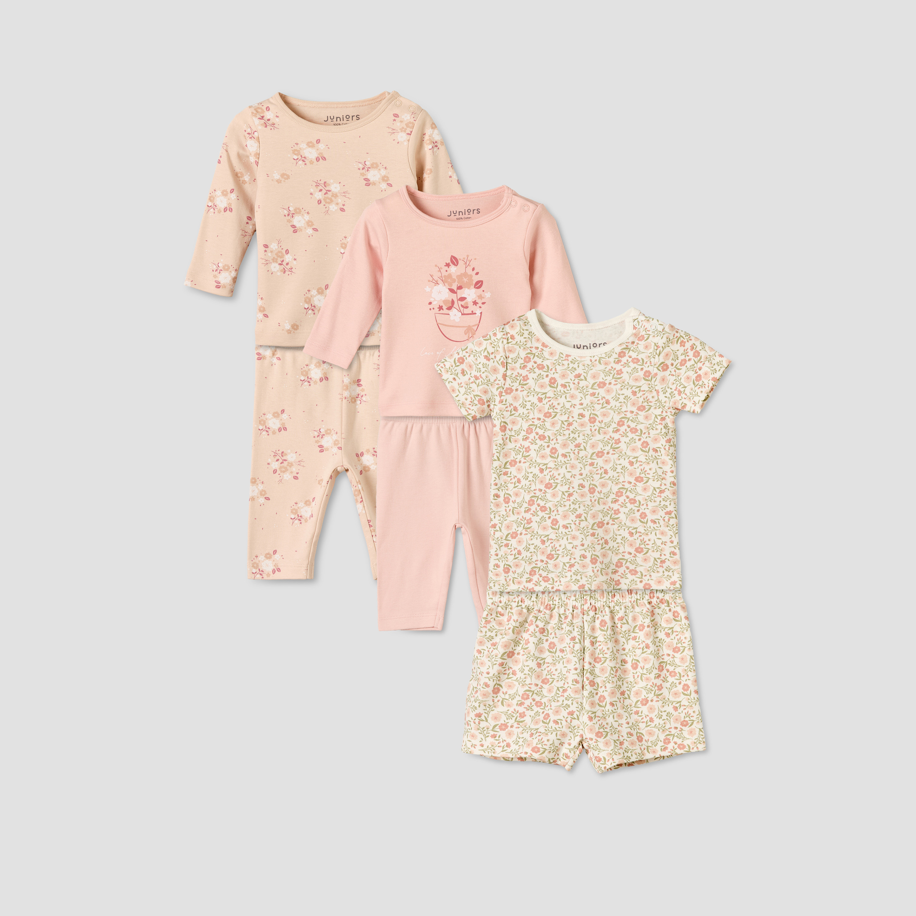 Set of 3 Juniors Cotton Round Neck Pyjama Set with Floral Print-baby-girls-clothing-nightwear-pyjamasets-image-1