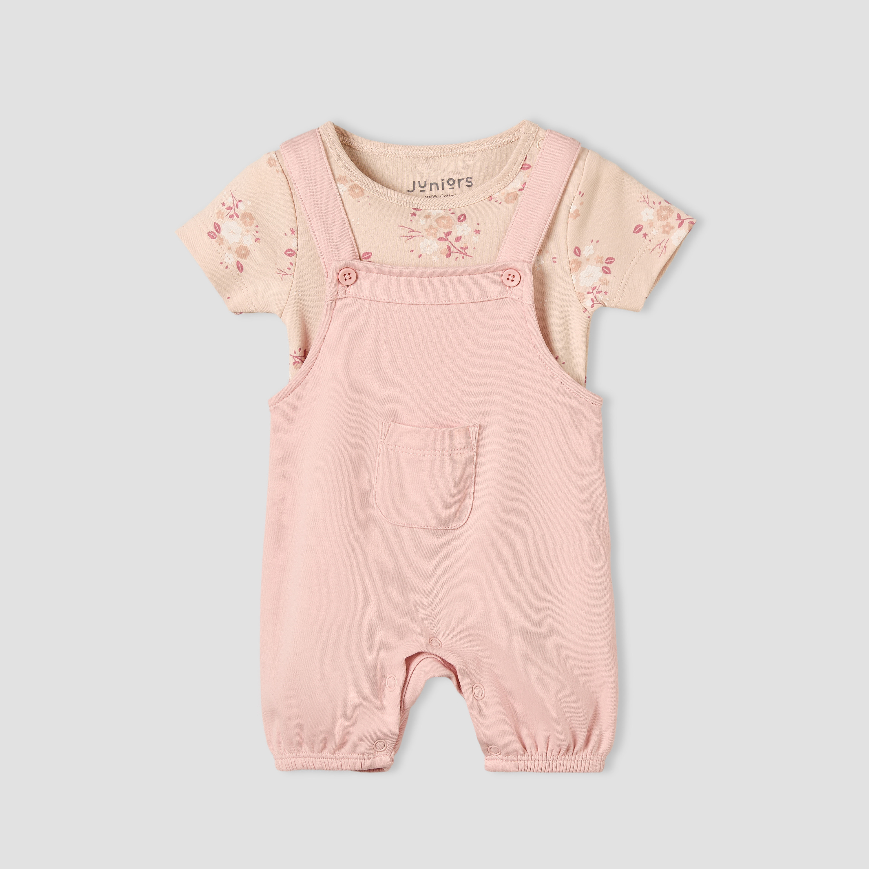 Juniors Round Neck Short Sleeves T-shirt and Dungaree Set with Floral Print-baby-girls-clothing-setsandcoords-image-1