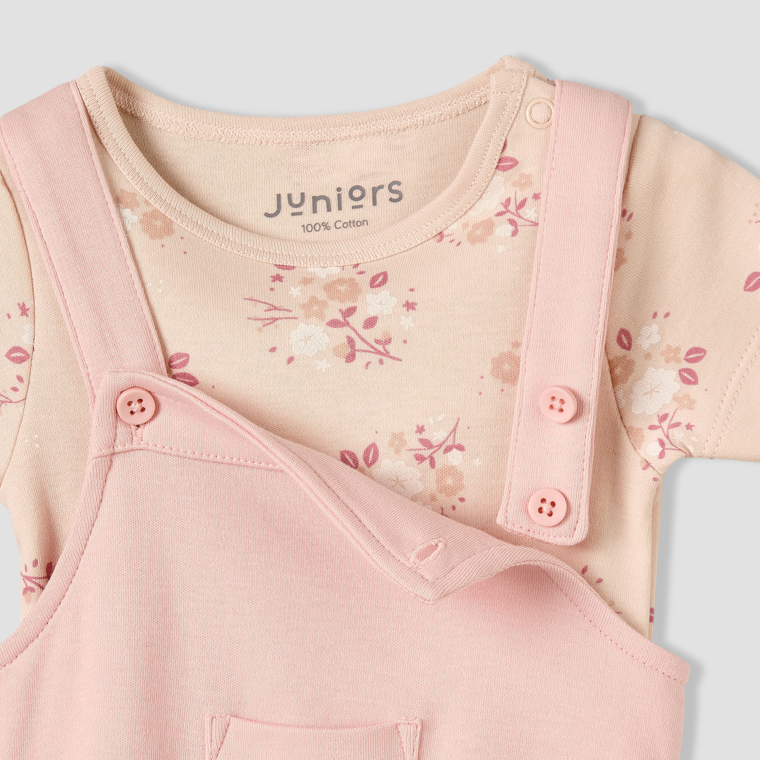 Juniors Round Neck Short Sleeves T-shirt and Dungaree Set with Floral Print-baby-girls-clothing-setsandcoords-image-7