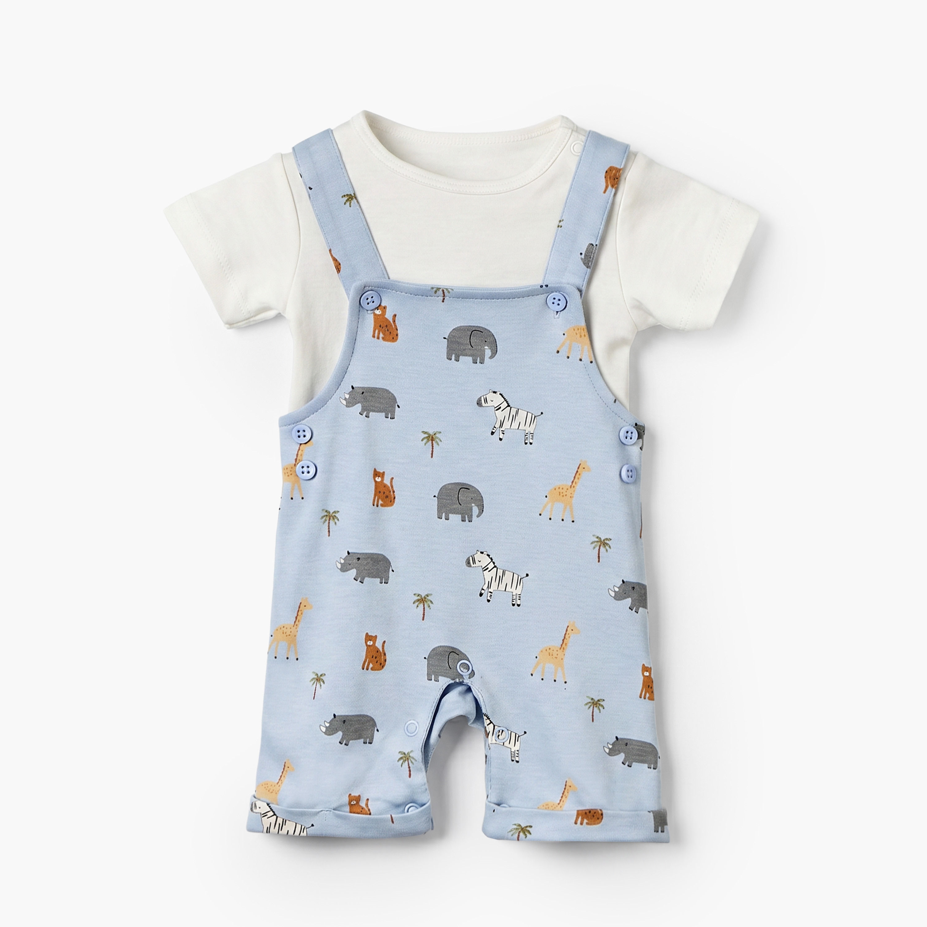 Juniors Crew Neck Short Sleeves T-shirt and Dungaree Set with Safari Print-baby-boys-clothing-setsandcoords-image-1