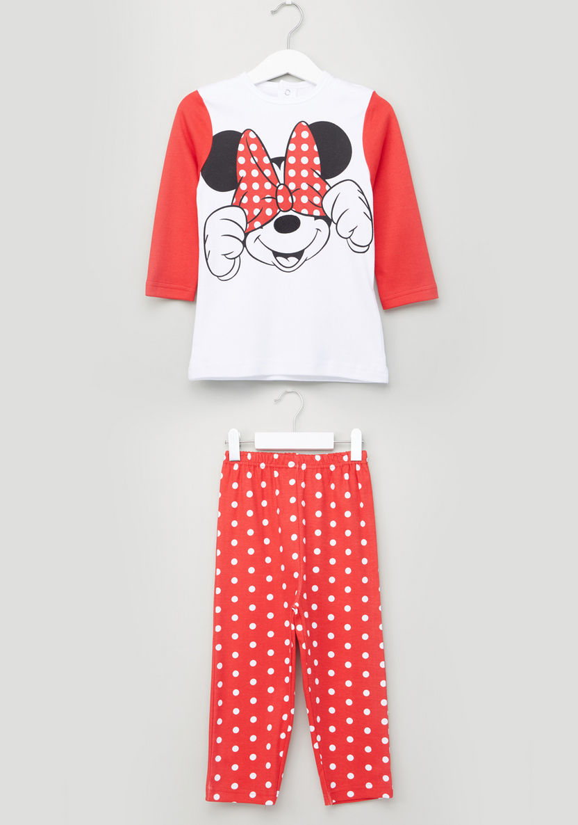 Minnie Mouse Printed Long Sleeves T-Shirt and Pyjama Set-Pyjama Sets-image-0