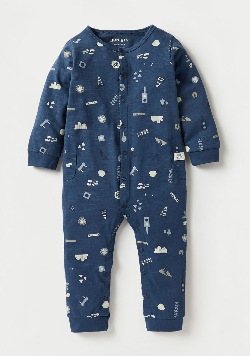 Juniors All-Over Graphic Print Sleepsuit with Long Sleeves and Snap Button Closure-Sleepsuits-image-0