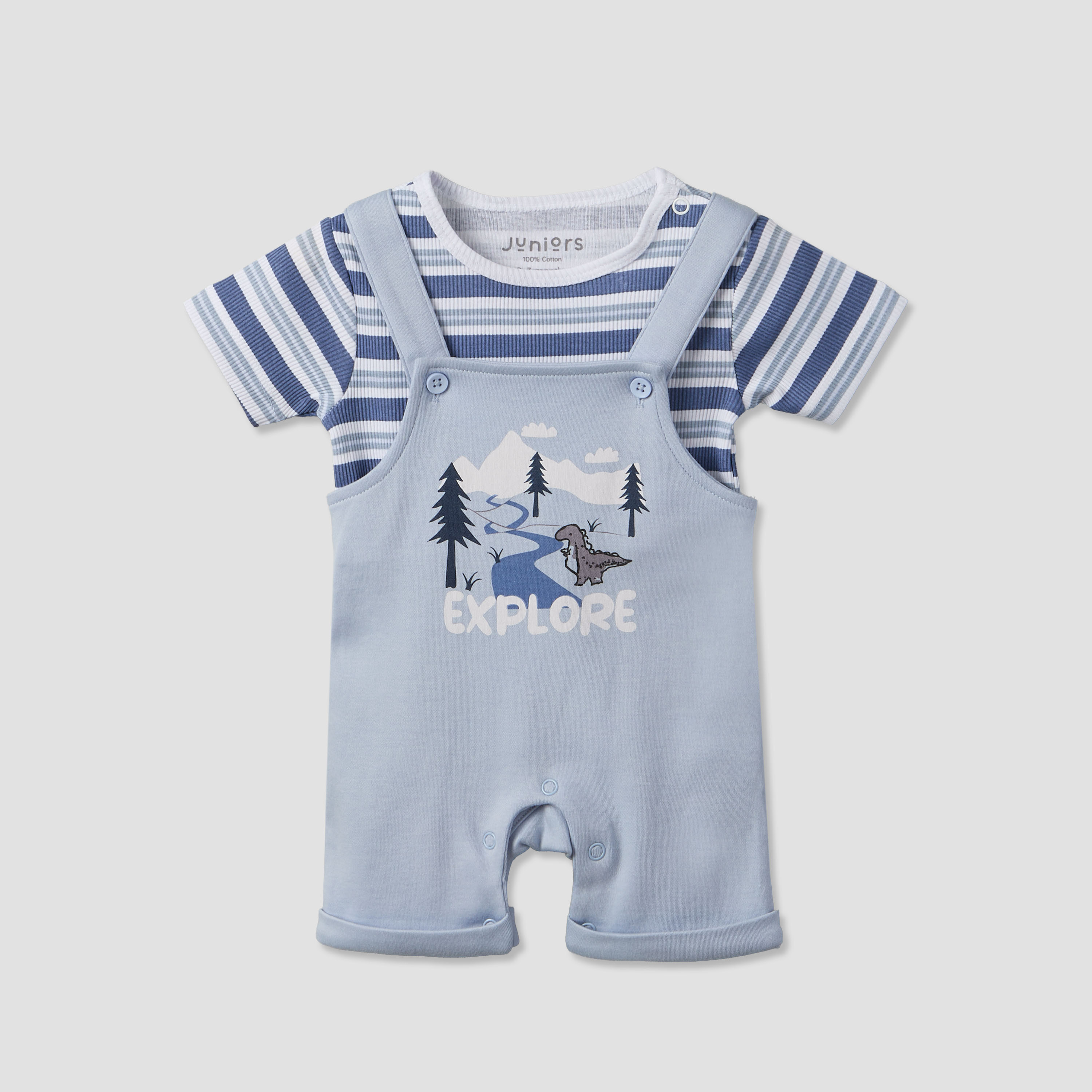 طقم دنغري وتيشيرت بياقة مستديرة وأكمام قصيرة بطبعات ديناصورات من جونيورز.-baby-boys-clothing-setsandcoords-image-1