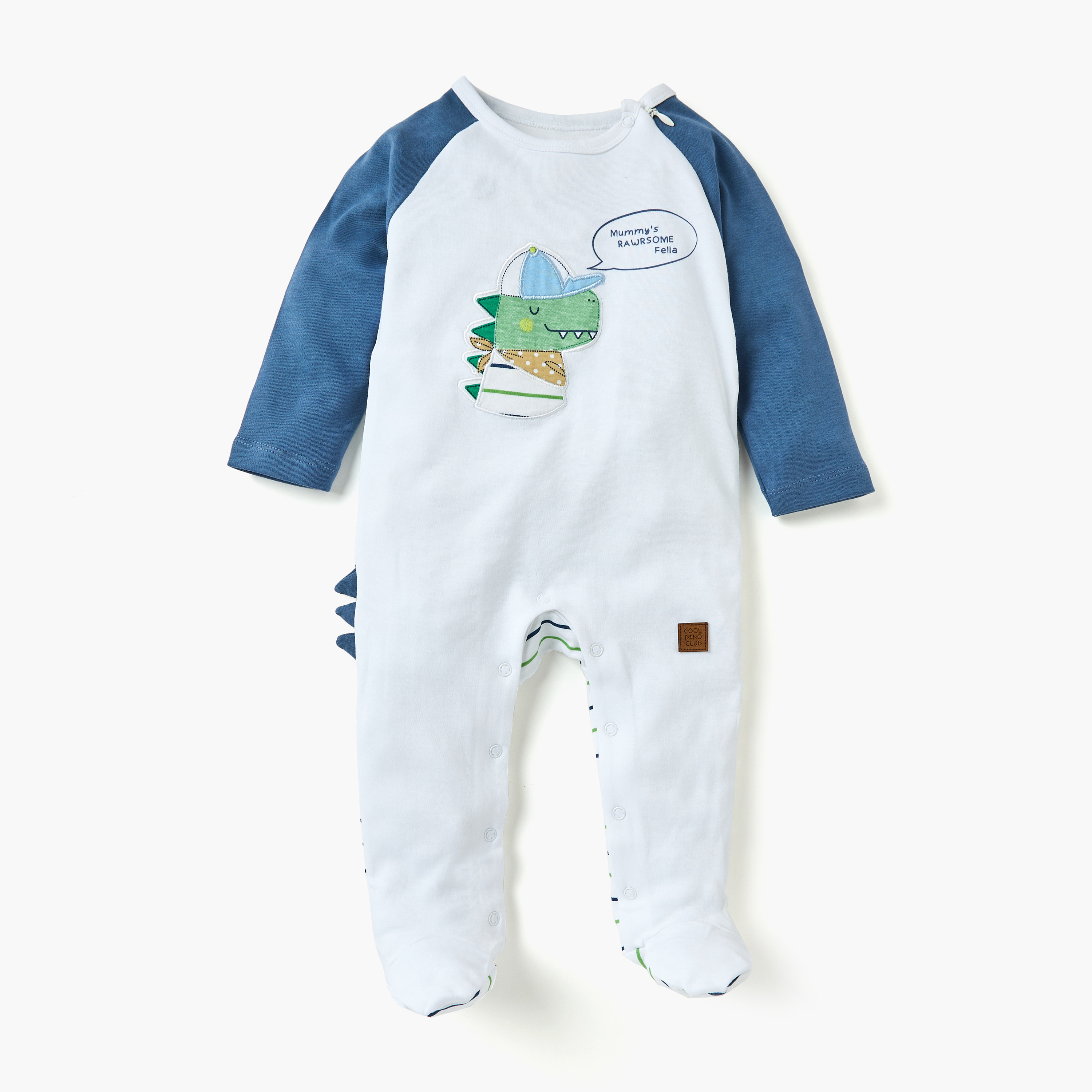 Juniors Dinosaur Applique Sleepsuit with Long Sleeves and Button Closure-baby-boys-clothing-nightwear-sleepsuits-image-1