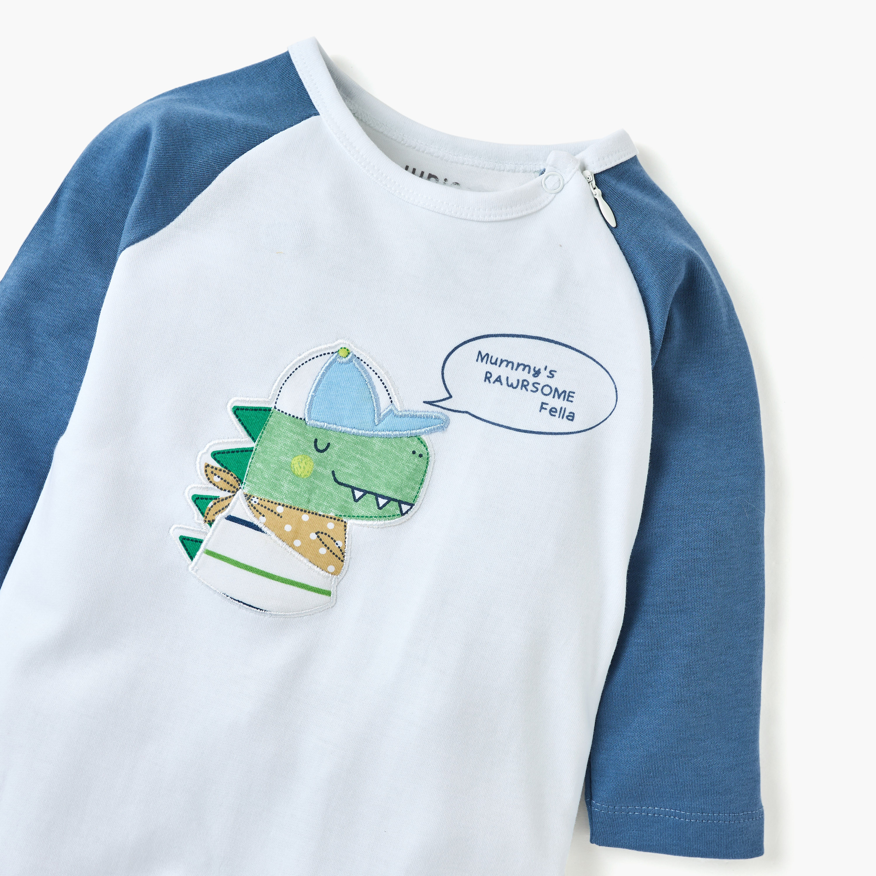 Juniors Dinosaur Applique Sleepsuit with Long Sleeves and Button Closure-baby-boys-clothing-nightwear-sleepsuits-image-3