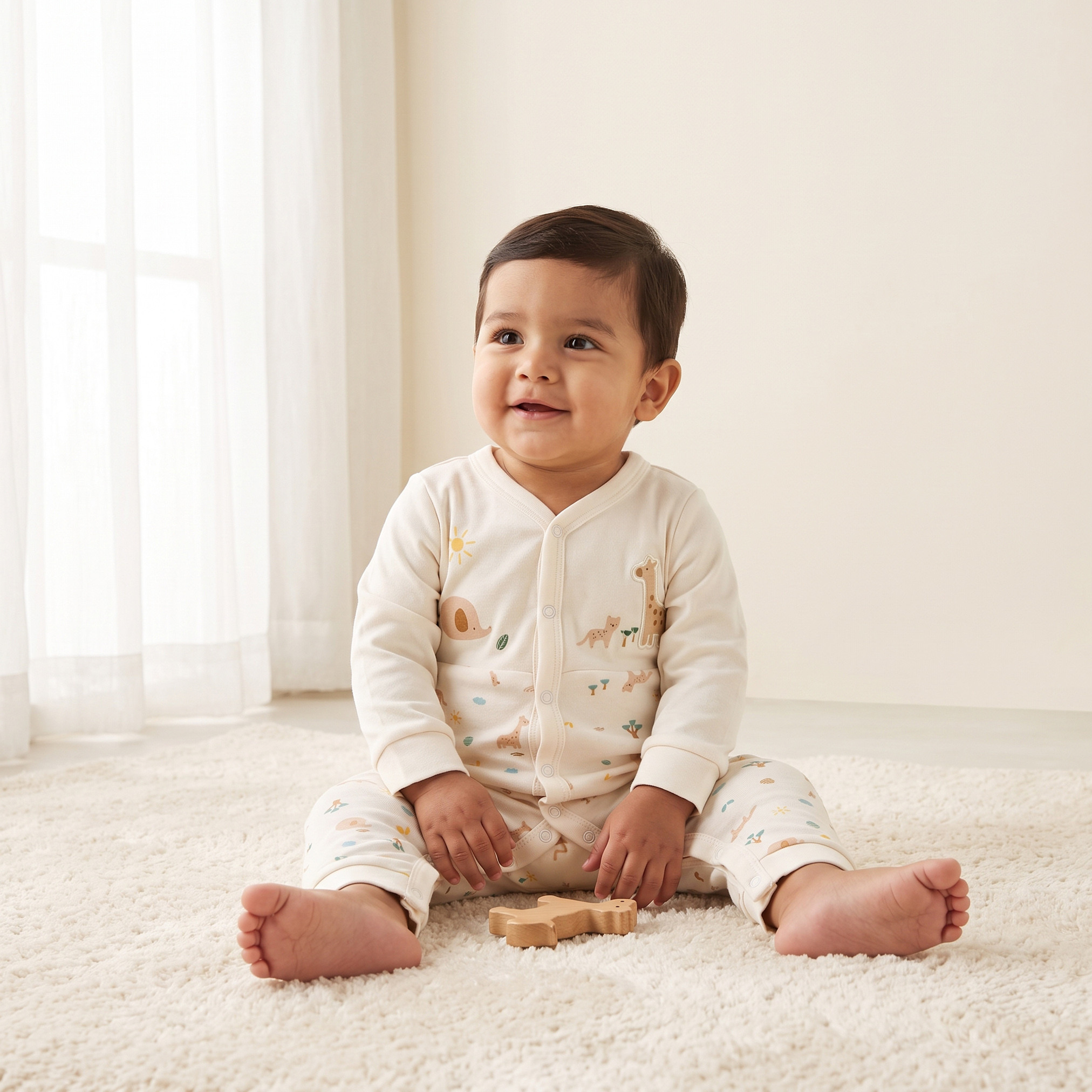 بدلة نوم قطن بياقة V وأكمام طويلة وطبعات من جونيورز-baby-boys-clothing-nightwear-sleepsuits-image-1