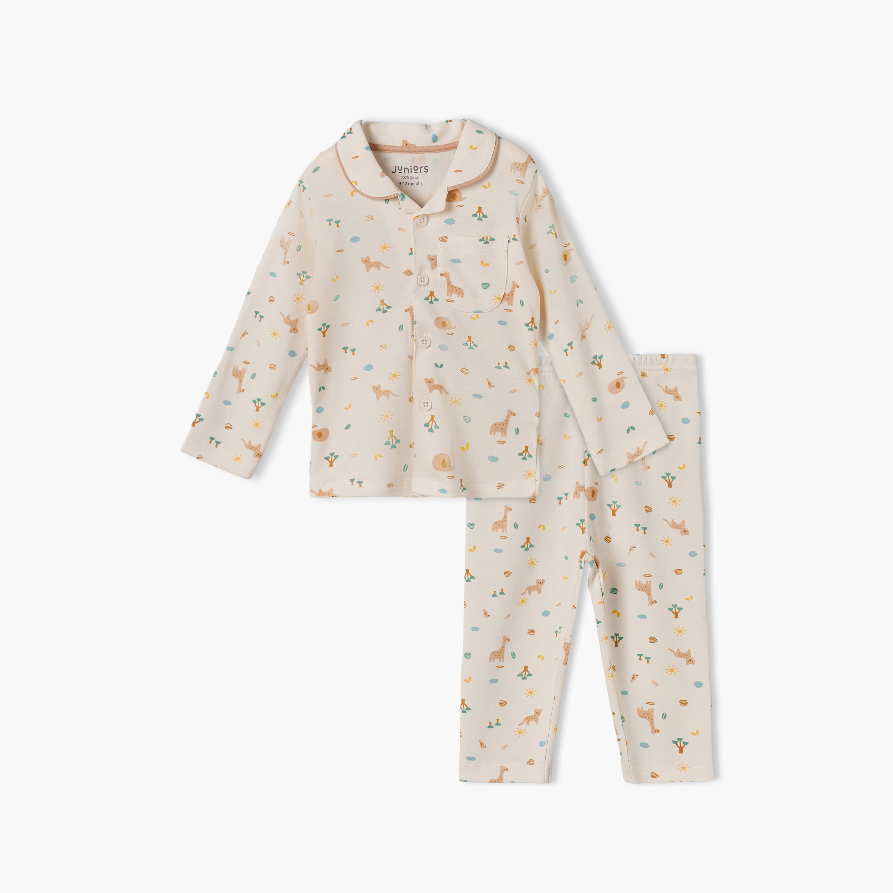 Juniors Cotton Collared Long Sleeves Pyjama Set with Safari Print-baby-boys-clothing-nightwear-pyjamasets-image-1
