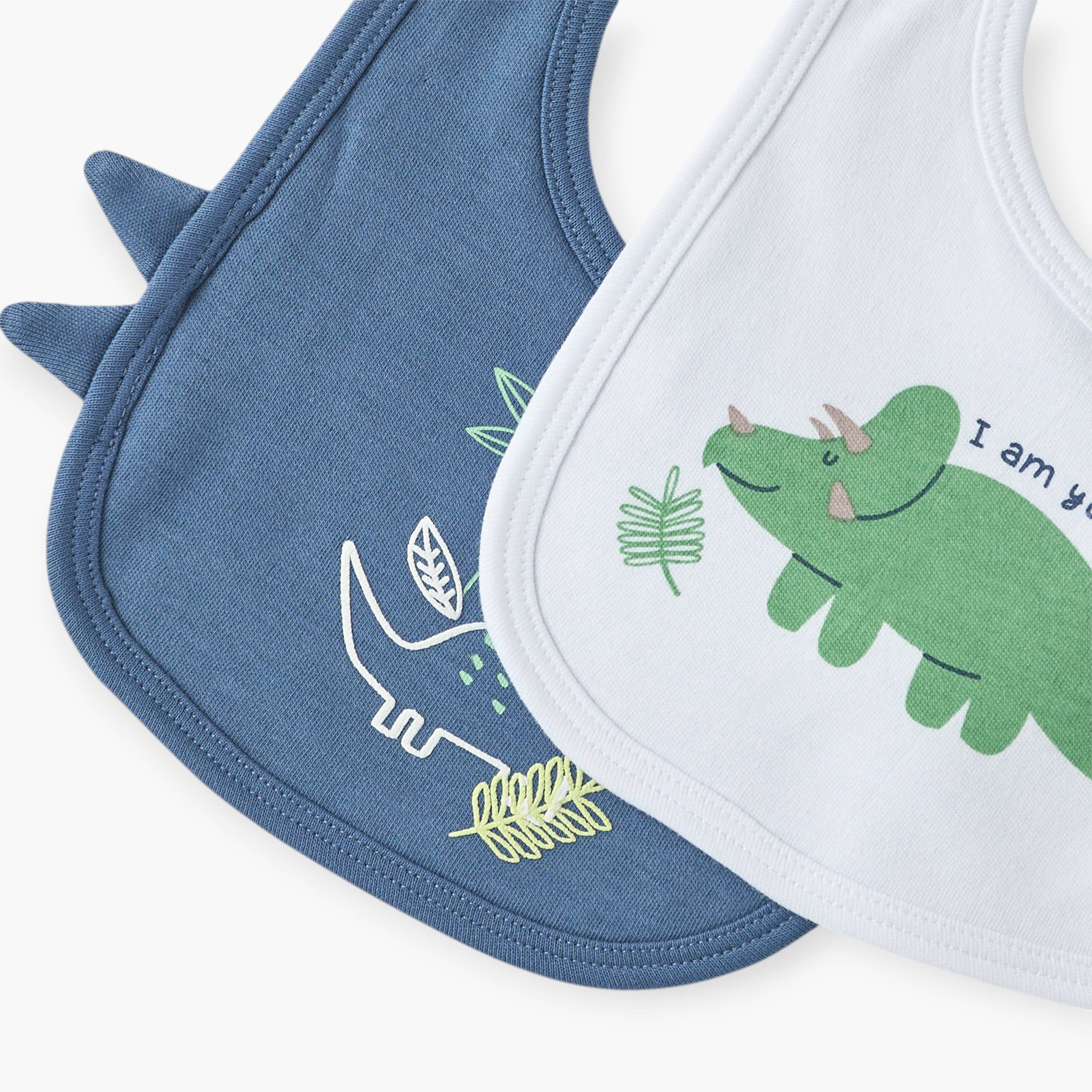 Juniors Dino Print Muslin Bib with Button Closure - Set of 2-baby-feeding-bibs-image-4