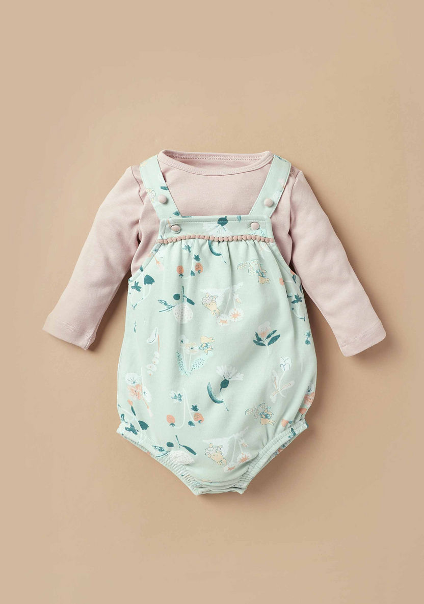Juniors Solid Long Sleeves T-shirt and Floral Print Dungaree Set-Sleepsuits-image-0