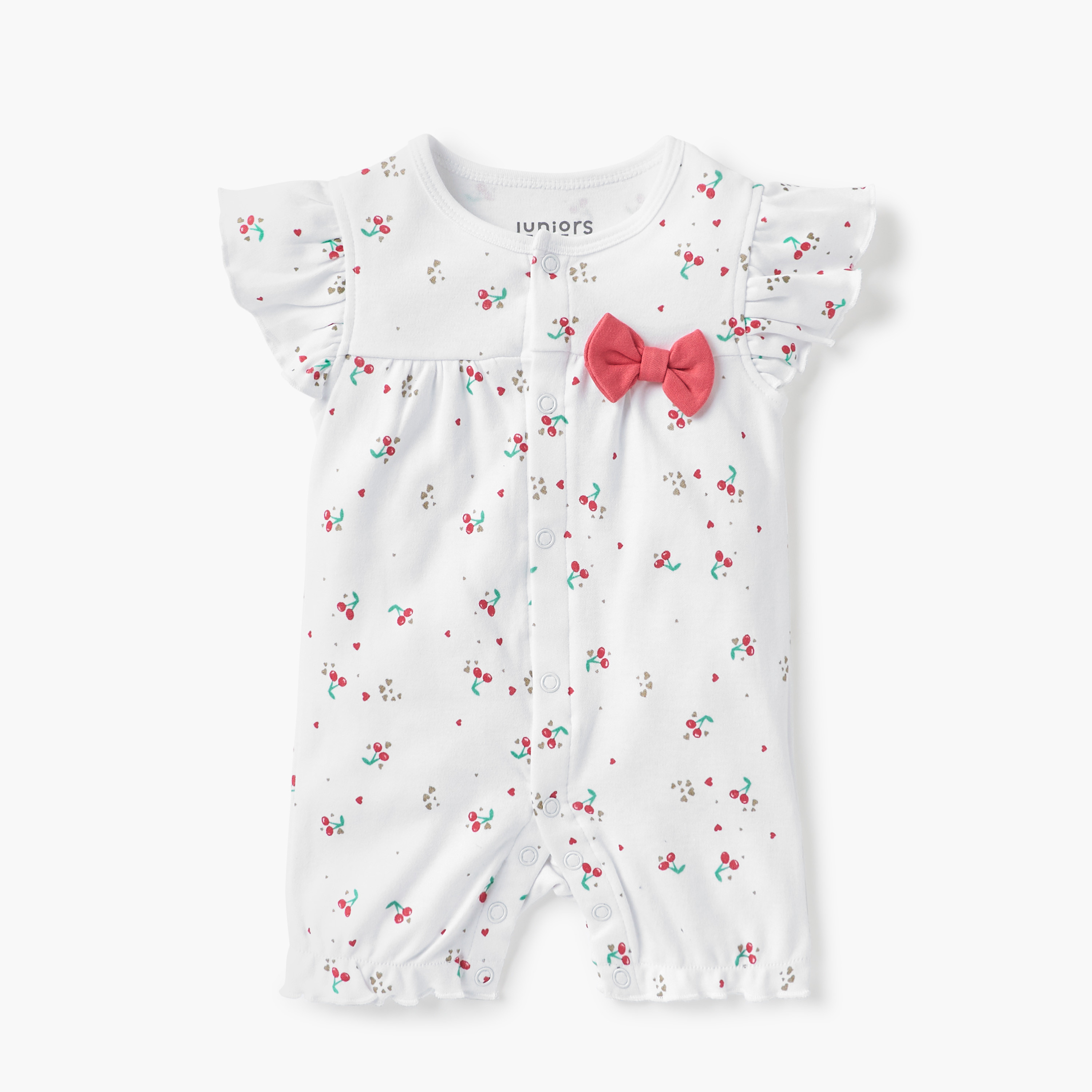 Juniors Cherry Print Romper with Round Neck and Bow Detail-baby-girls-clothing-rompers-image-1