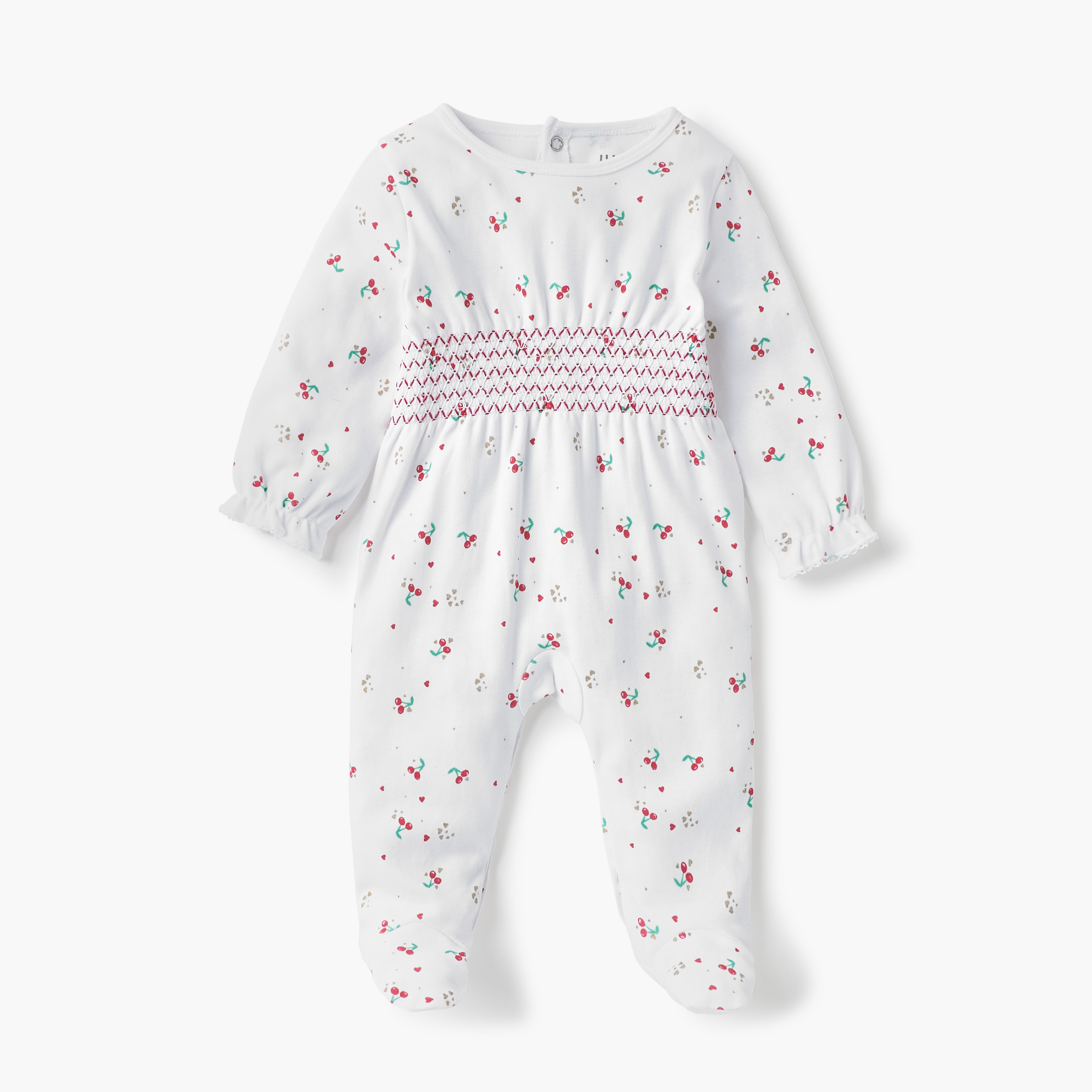 Juniors All-Over Cherry Print Closed Feet Sleepsuit with Long Sleeves and Smocked Detail-baby-girls-clothing-nightwear-sleepsuits-image-1