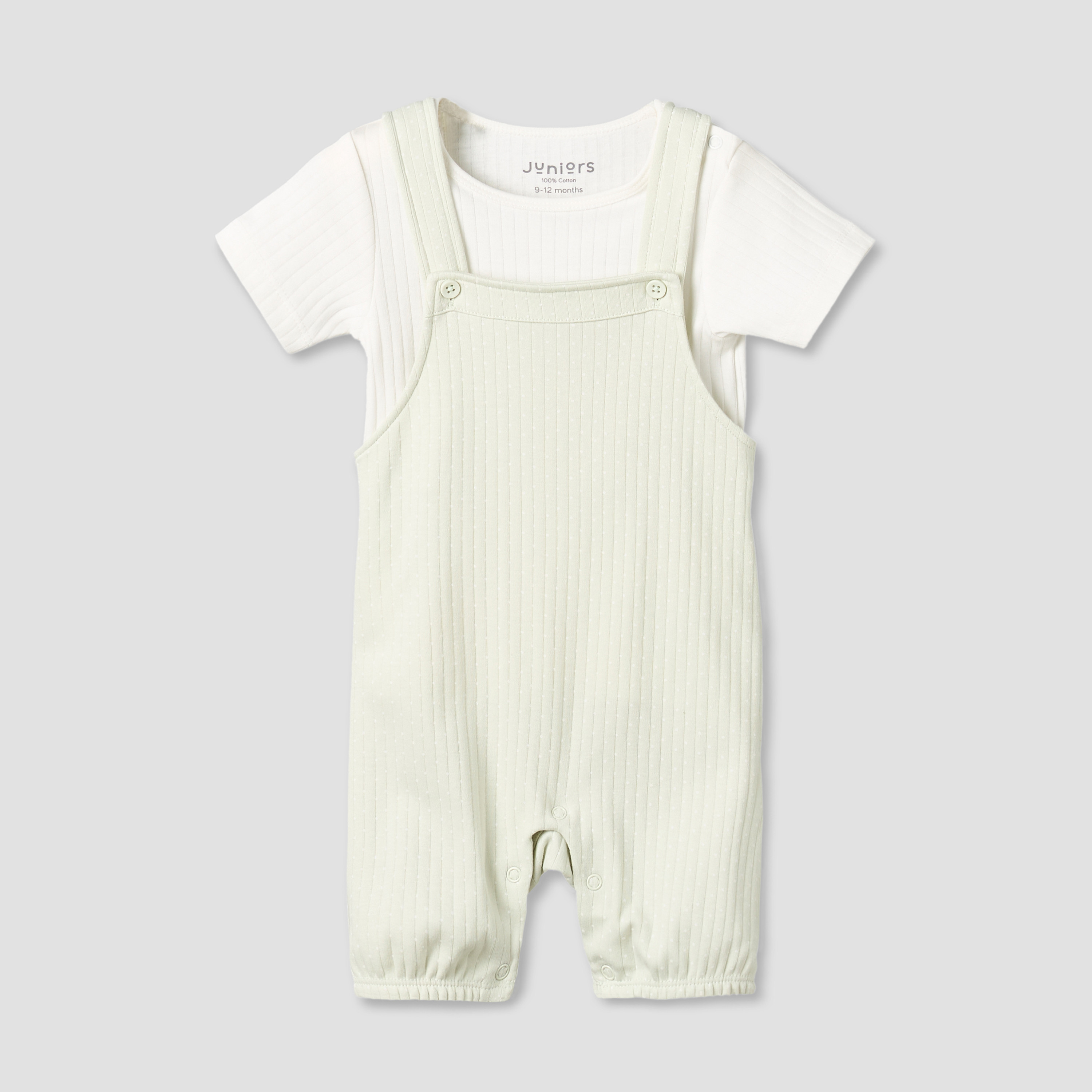 Juniors Round Neck Short Sleeves T-shirt and Dungaree Set with Ribbed Design-baby-girls-clothing-setsandcoords-image-1