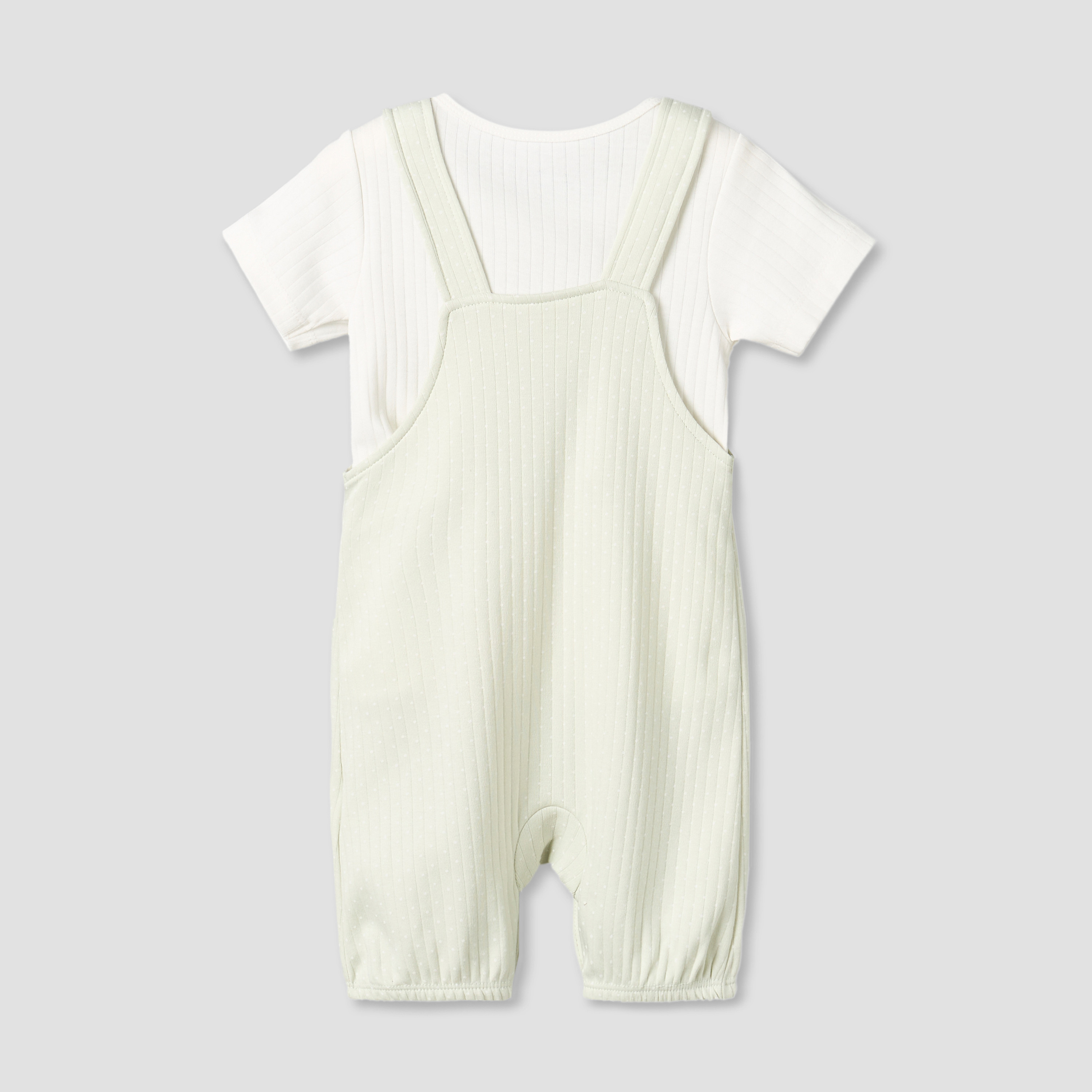 Juniors Round Neck Short Sleeves T-shirt and Dungaree Set with Ribbed Design-baby-girls-clothing-setsandcoords-image-2